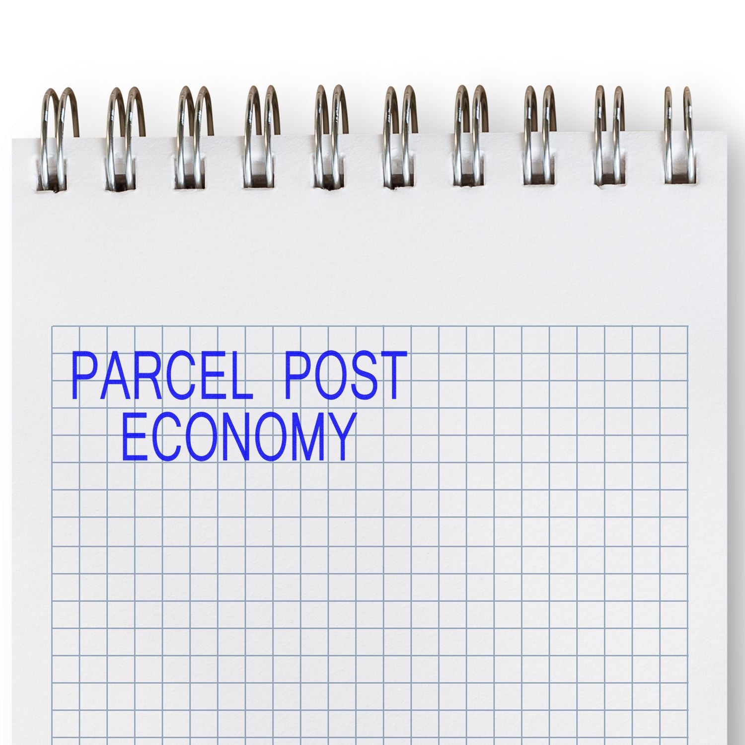 Spiral notebook page with Parcel Post Economy text on graph paper, isolated on white background.