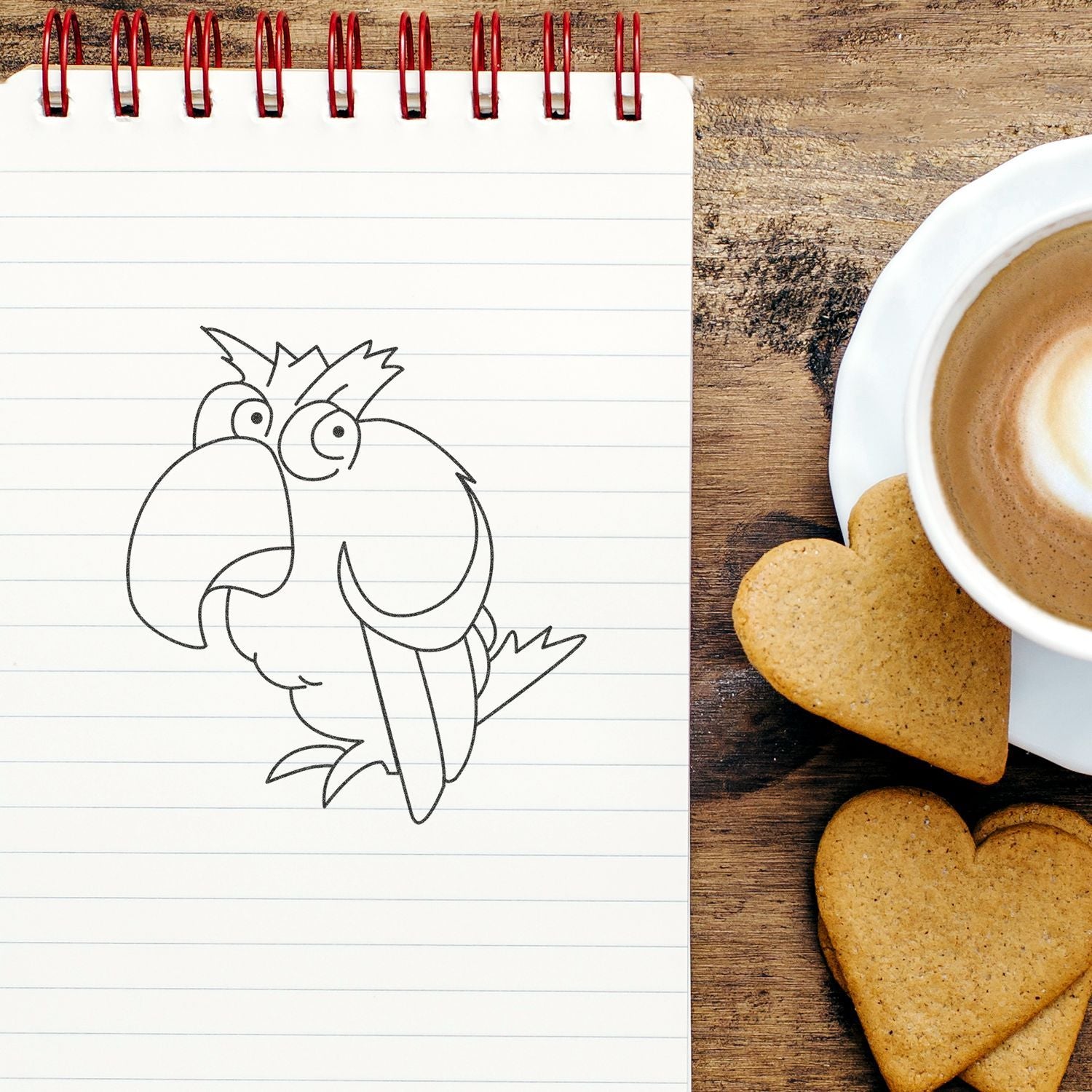 Notebook with hand-drawn bird sketch beside coffee and heart-shaped cookies on a wooden table.