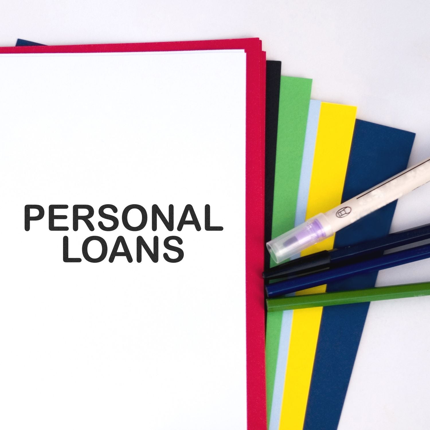 Personal loans concept with colorful document folders and files, emphasizing borrowing, credit, and financial services for individuals.