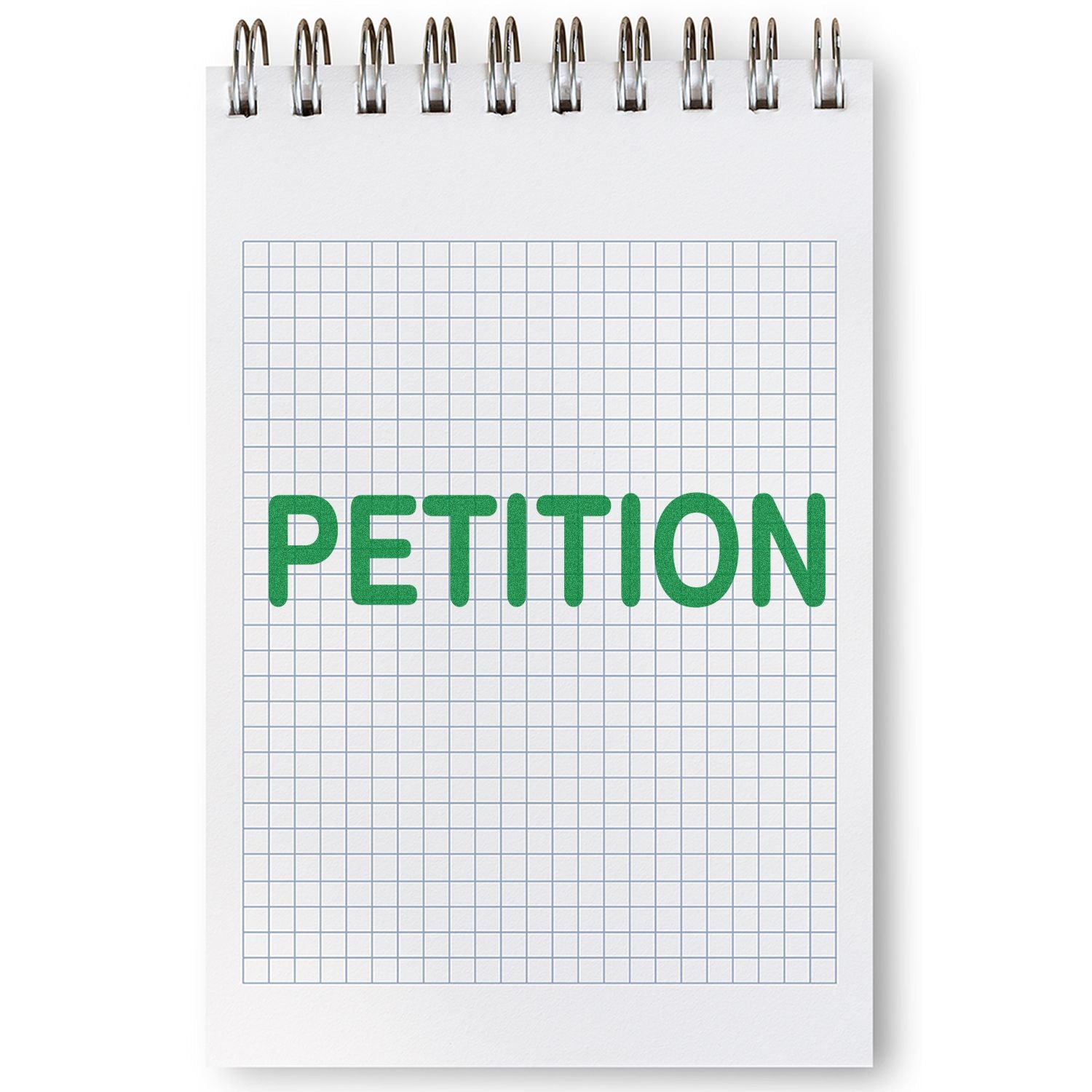 Open notepad with bold green 'PETITION' on lined grid paper, showing a community petition sign-up and advocacy form document template.