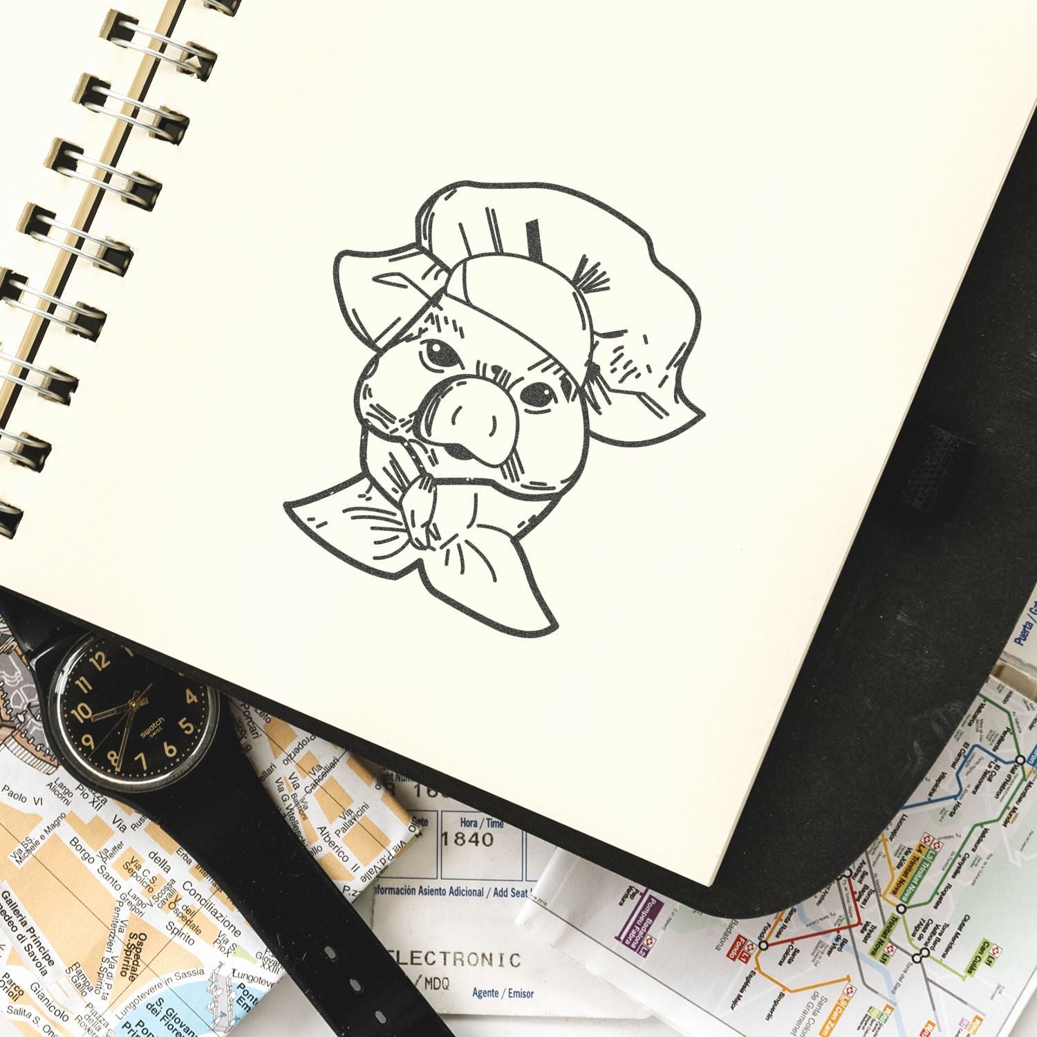 Hand-drawn pig illustration in a spiral sketchbook on top of travel maps and a wristwatch.