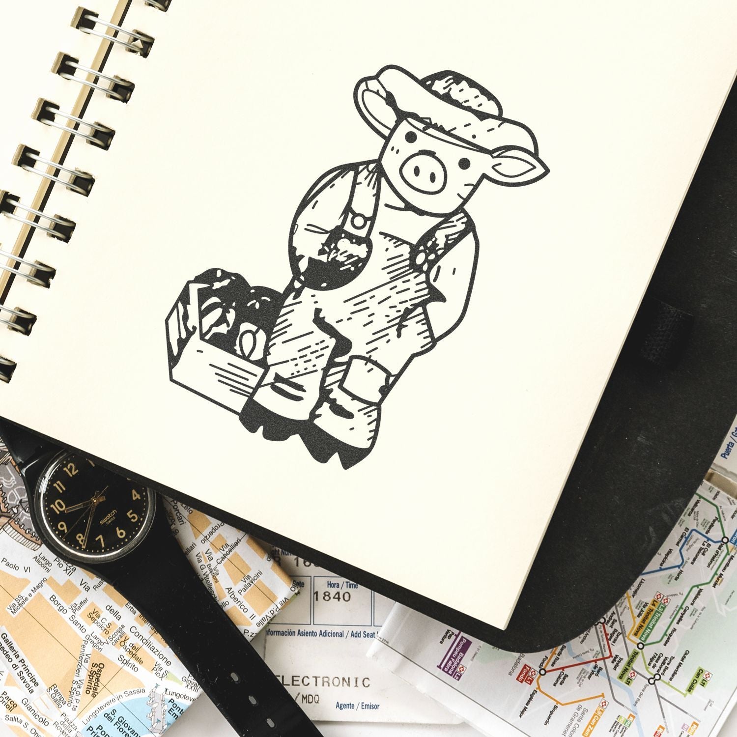 Black-and-white pig illustration in a spiral notebook, with a watch and travel maps underneath, creative sketch art on paper.