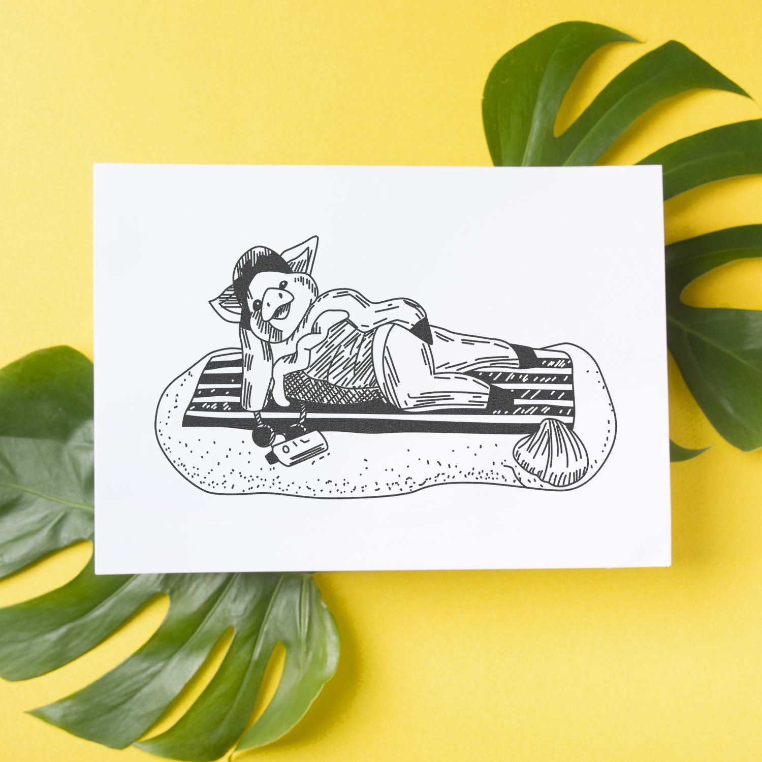 Black and white animal illustration on white card with tropical monstera leaves on a yellow background