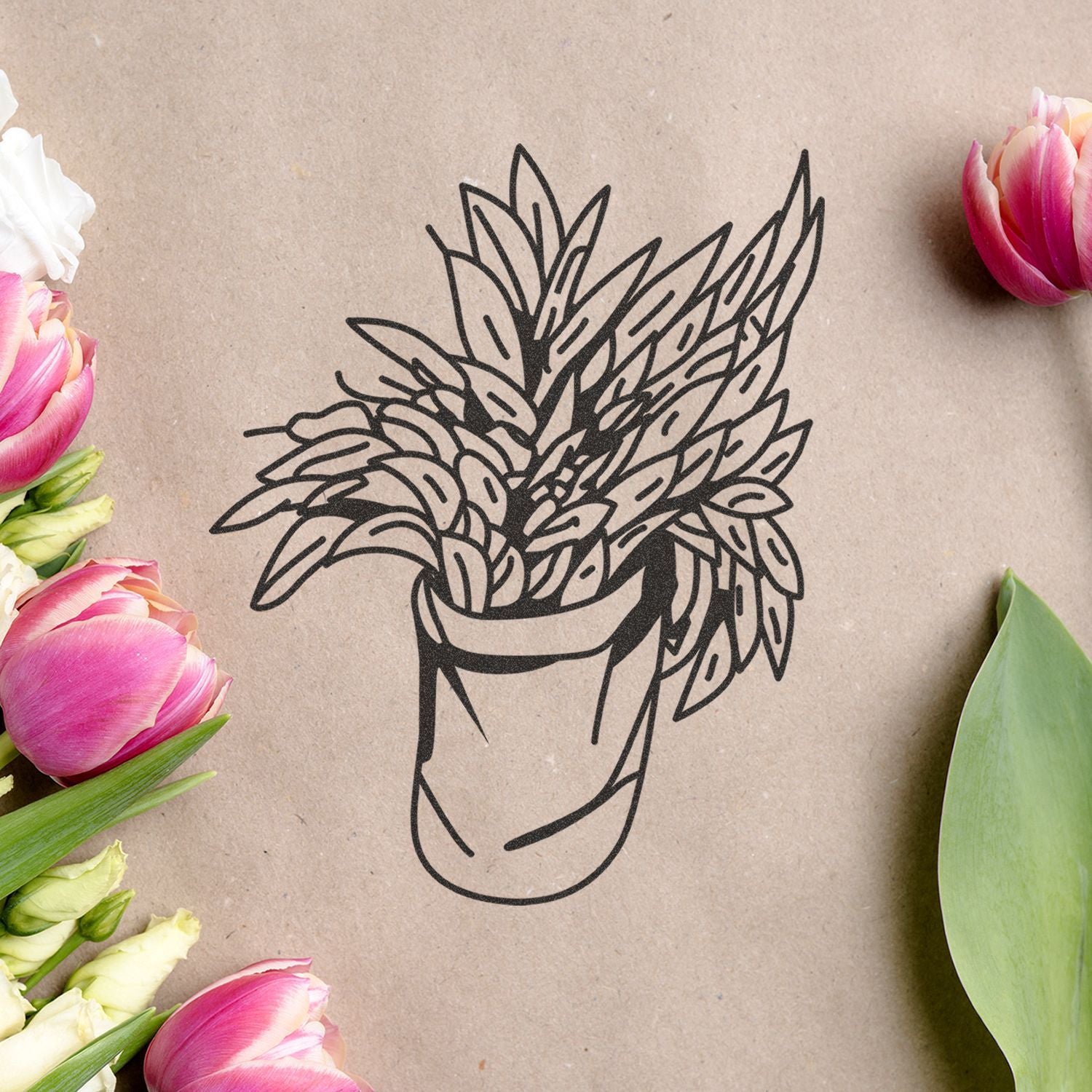 Floral line art of a potted plant surrounded by pink tulips on kraft paper background, elegant botanical illustration for spring decor.