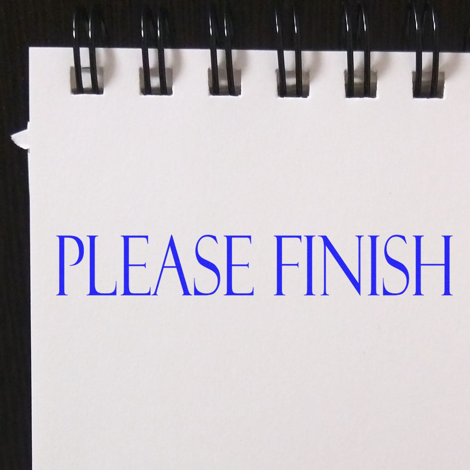 Book cover with the motivational message Please Finish in blue lettering, promoting task completion and productivity.