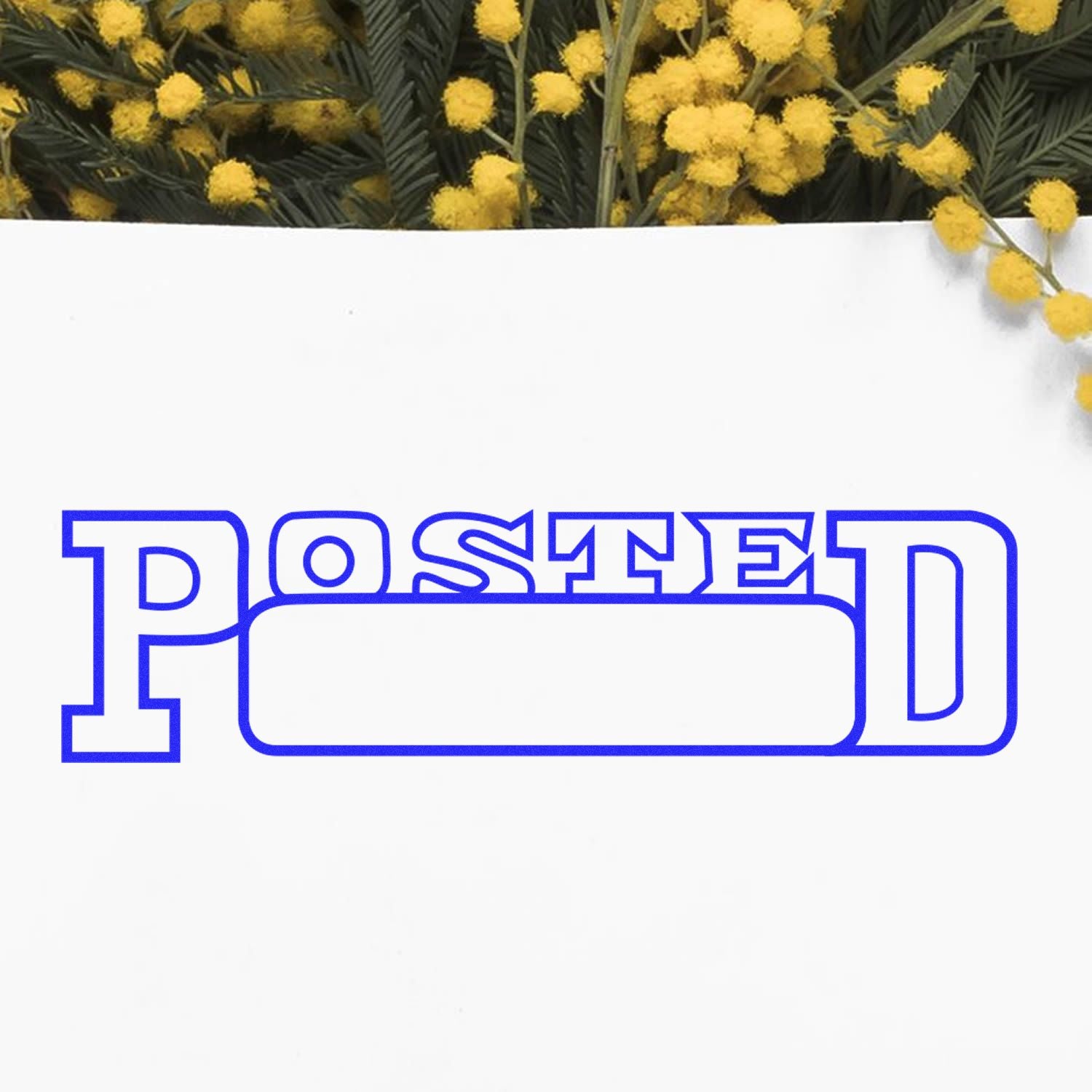 Blue outlined POSTED sign on a white background with yellow mimosa flowers at the top.