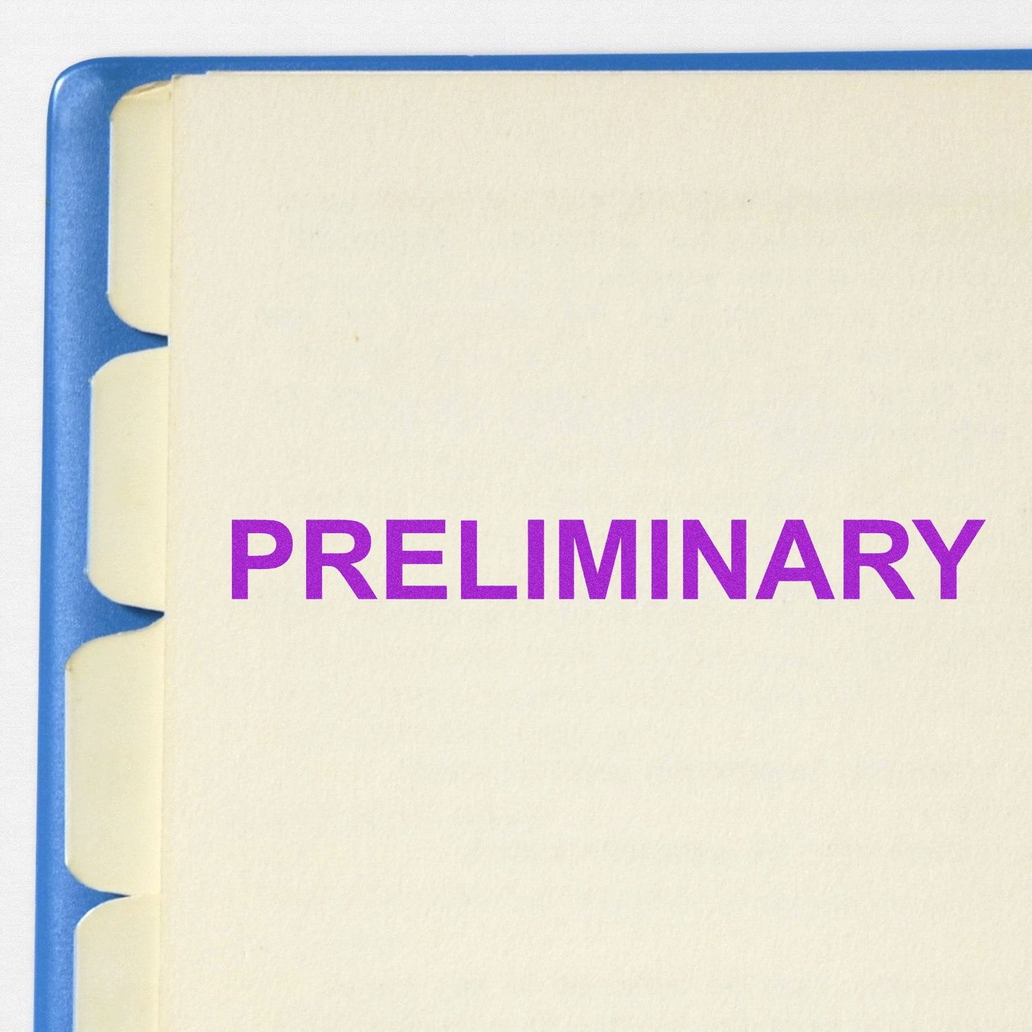 Close-up of a blue file folder tab labeled PRELIMINARY on a cream document divider, ideal for office and business organization.