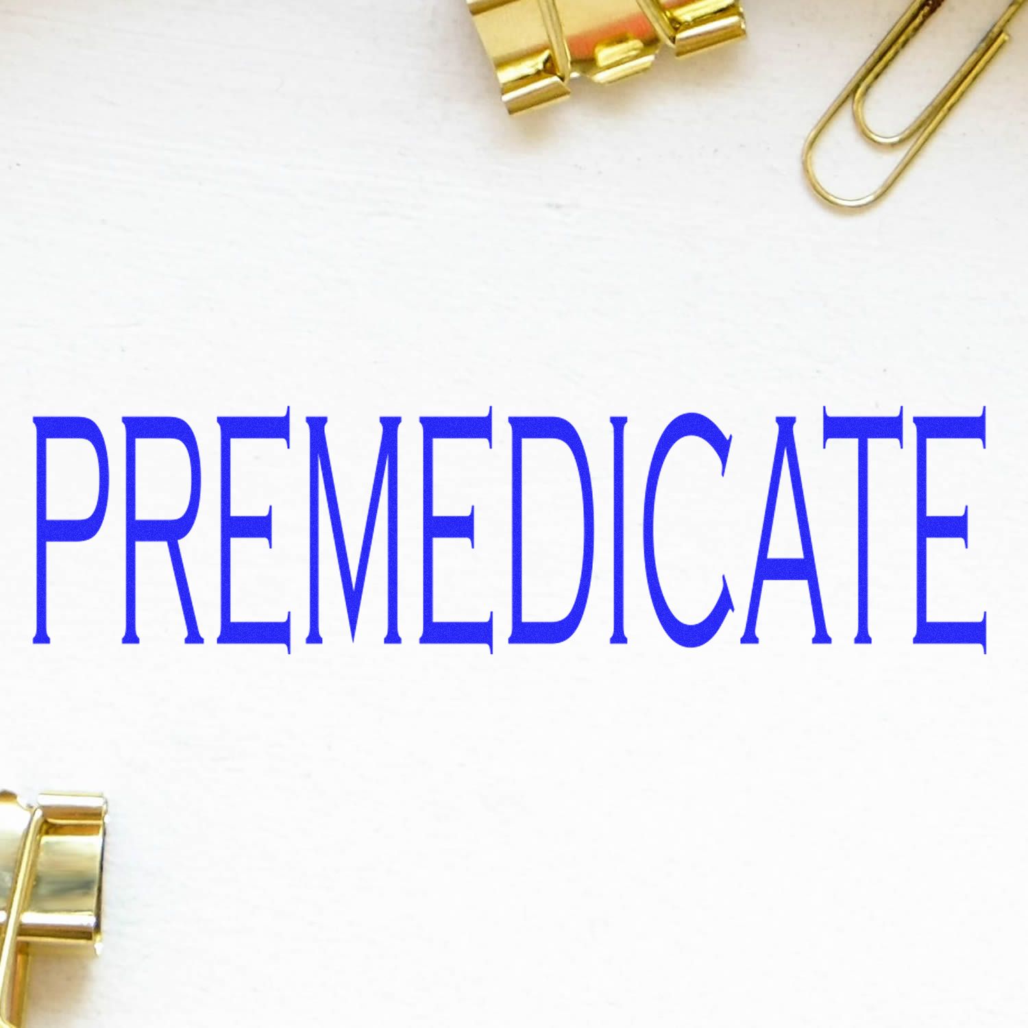 Blue PREMEDIATE text on a white background with gold paper clips, modern minimalist design.