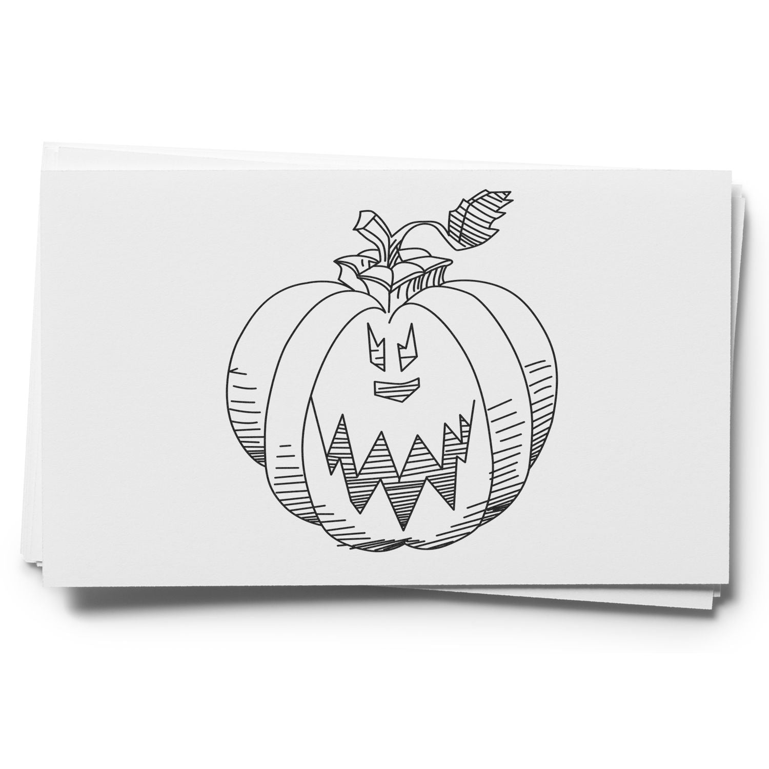Black and white Halloween pumpkin line drawing on stacked blank cards, festive jack-o-lantern illustration for autumn decor and coloring.