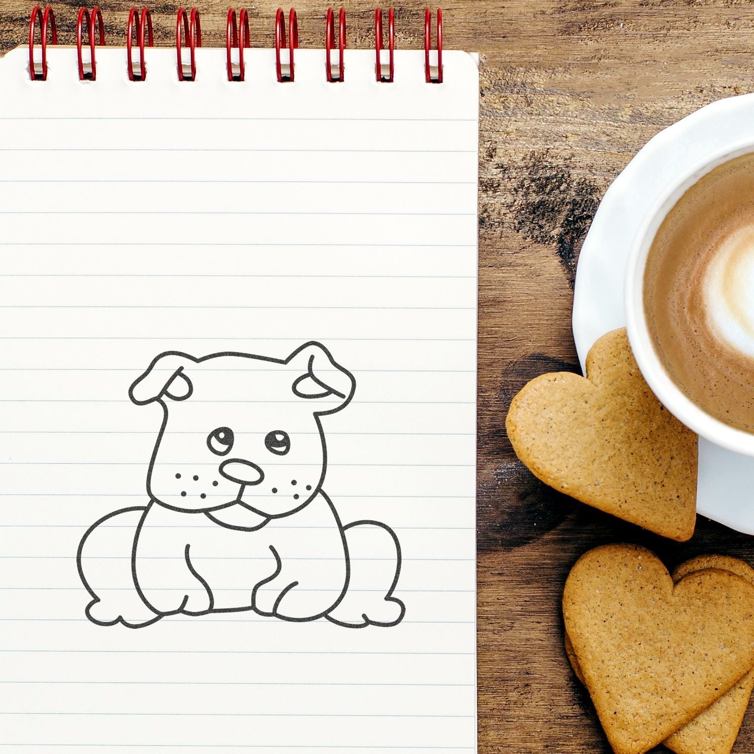 Cute puppy drawing in a spiral notebook beside coffee and heart-shaped cookies on a rustic wooden table.