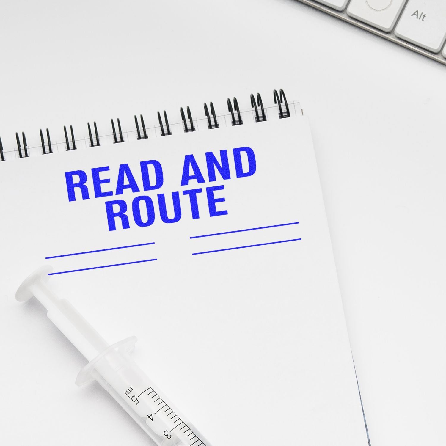 Medication safety reminder: read and route instructions on a prescription form with syringe, supporting pharmacy workflow and routing.