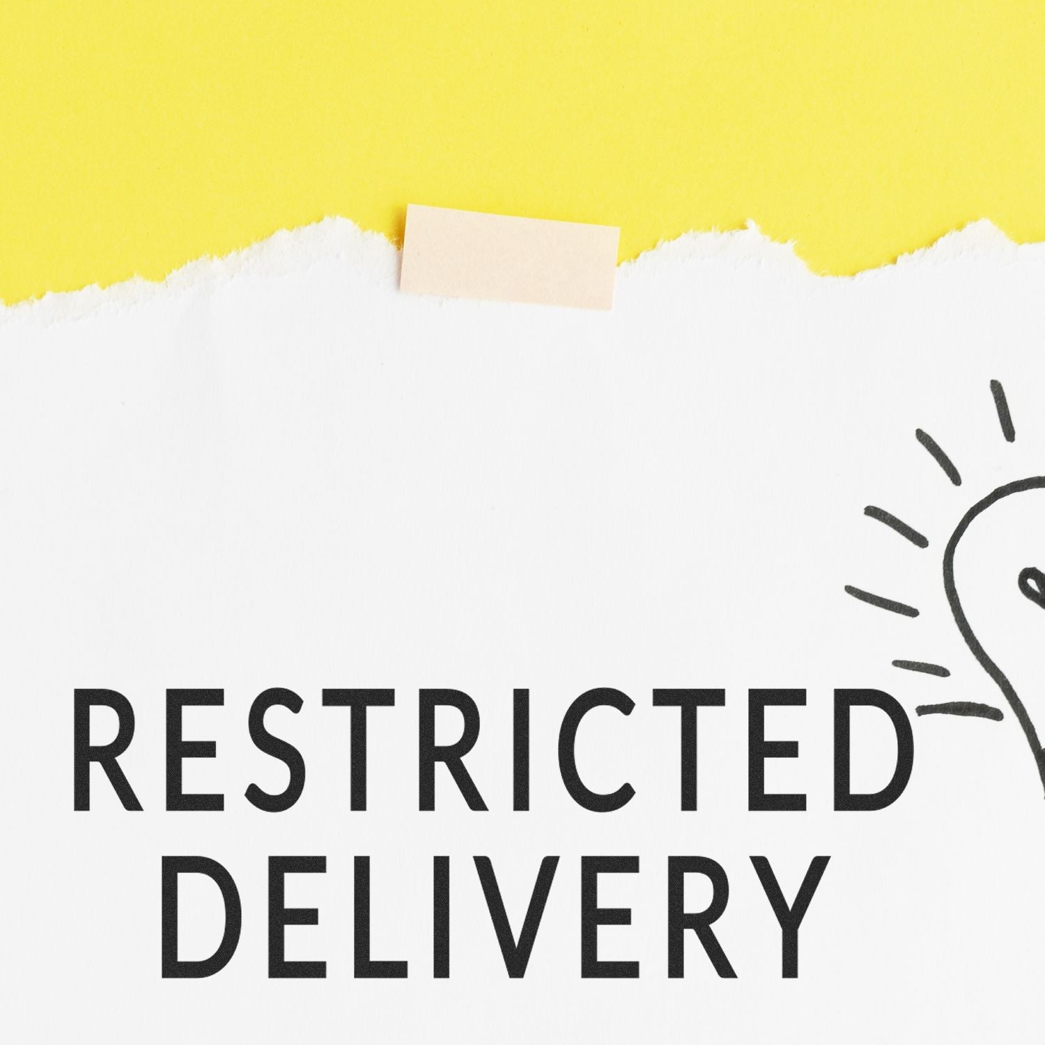 Restricted delivery text on yellow torn paper background with lightbulb illustration.