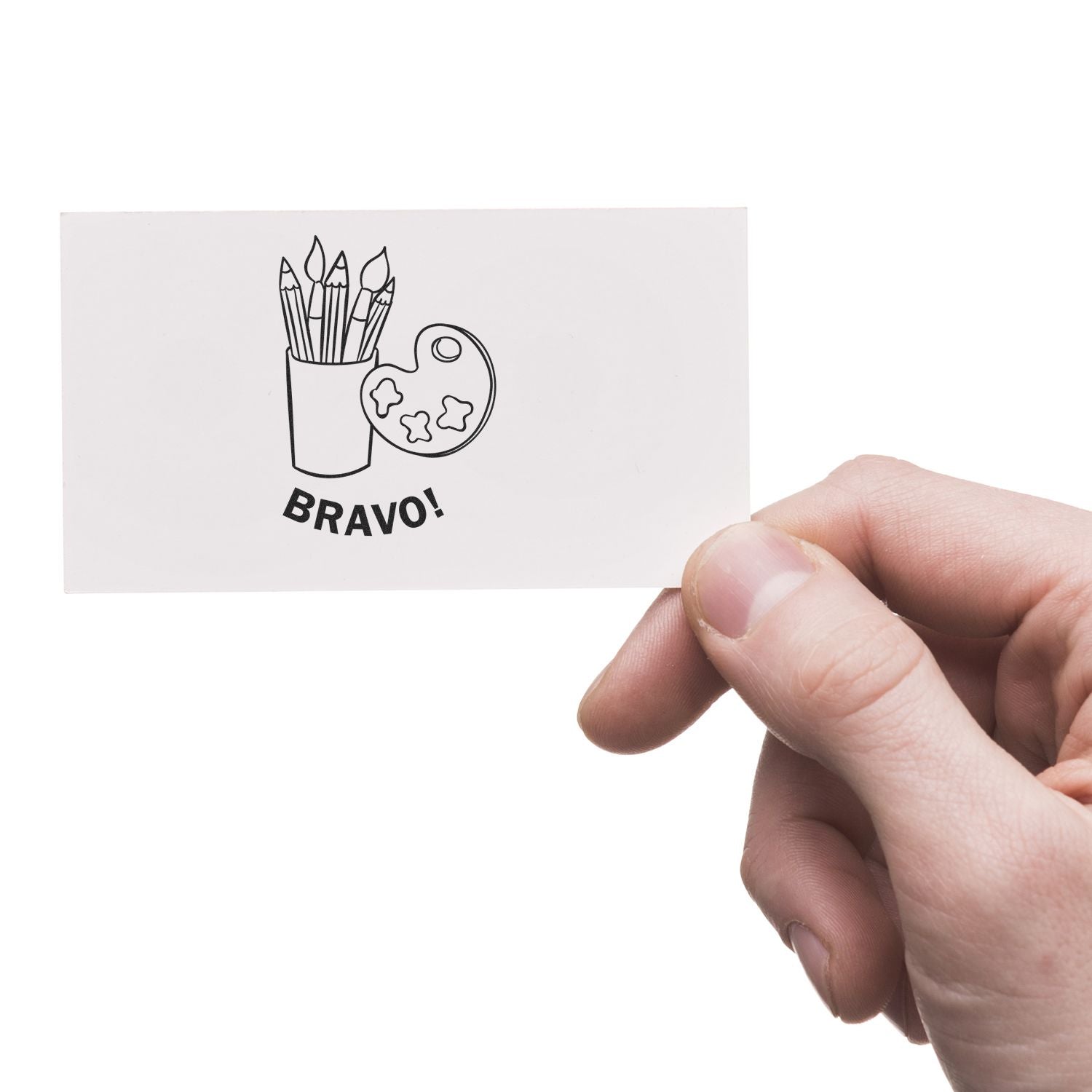 Hand holding a BRAVO card with artist pencil cup and paint palette logo on a white background.