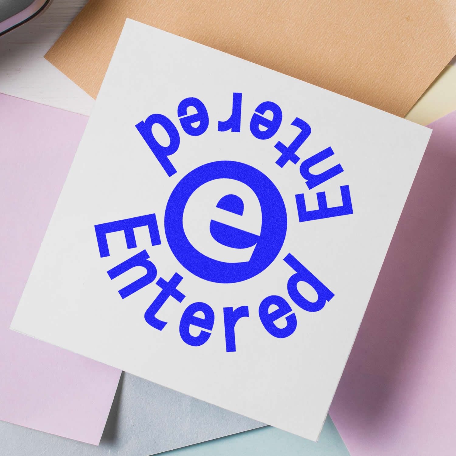 Blue Featured text on a white card with pastel paper background, modern branded design mockup.