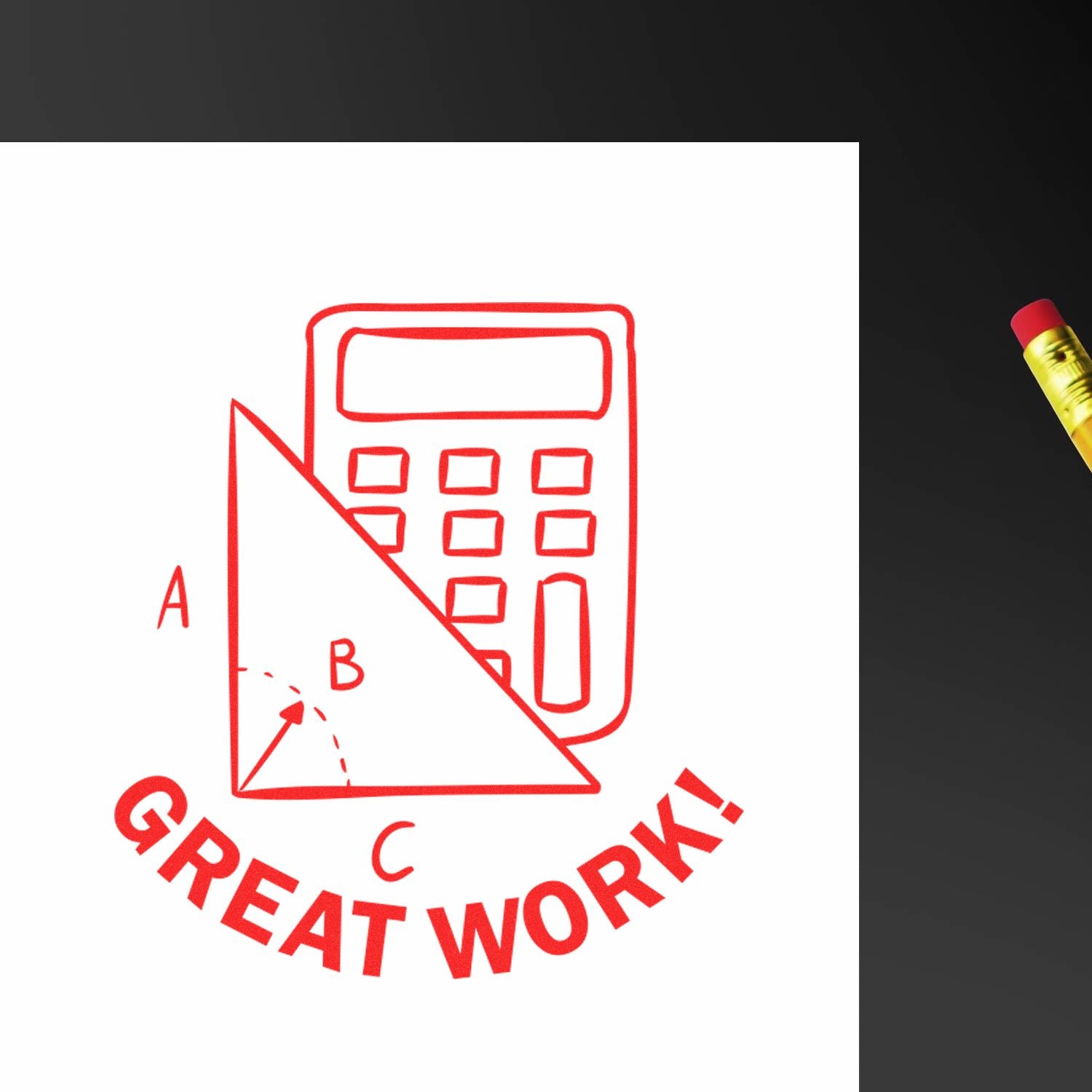 Red Great Work! math worksheet design with calculator, triangle diagram, and pencil on black background, ideal for student achievement or education concept.
