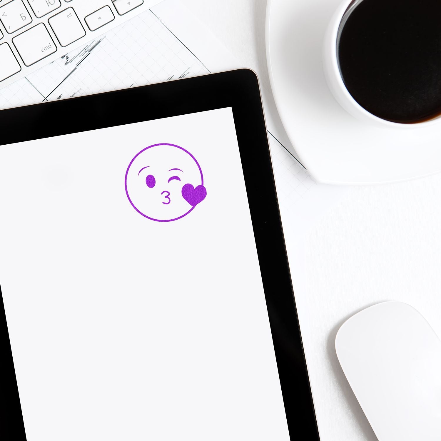Tablet displaying a purple kissing heart emoji on a white desk with coffee cup, keyboard, and business chart background.