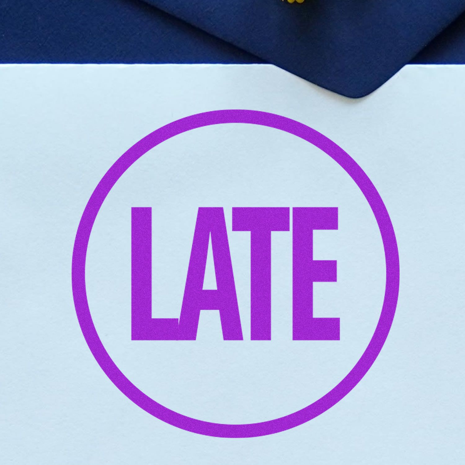 Purple LATE warning sign icon in a circle on a light background.