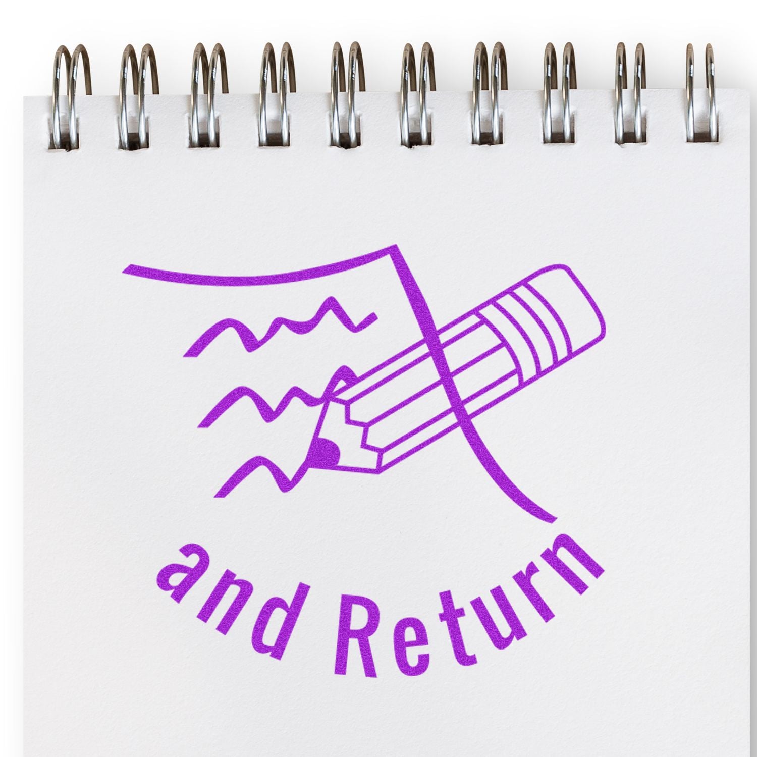 Spiral notebook page with purple pencil illustration and the words and Return on a white background.