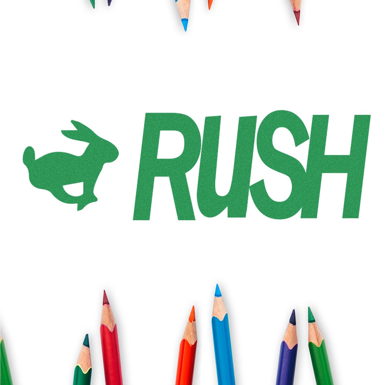 Green RUSH logo with rabbit icon surrounded by colorful pencils on a white background