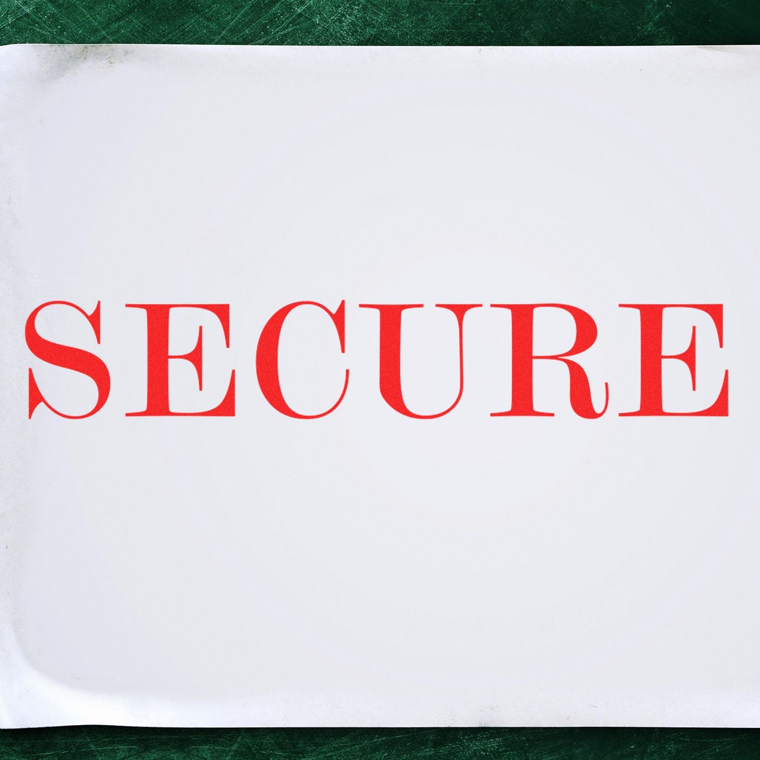 Bold red SECURE text on white paper background, minimalist safety concept image.