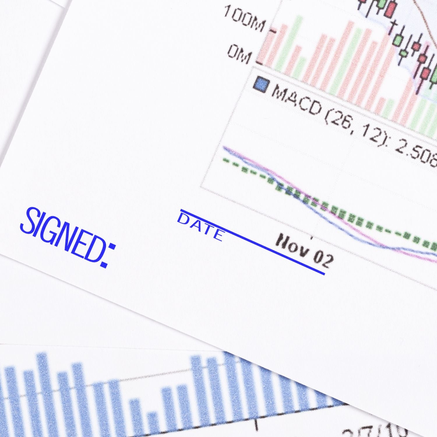 Signed financial chart with stock market graphs and date on printed business report