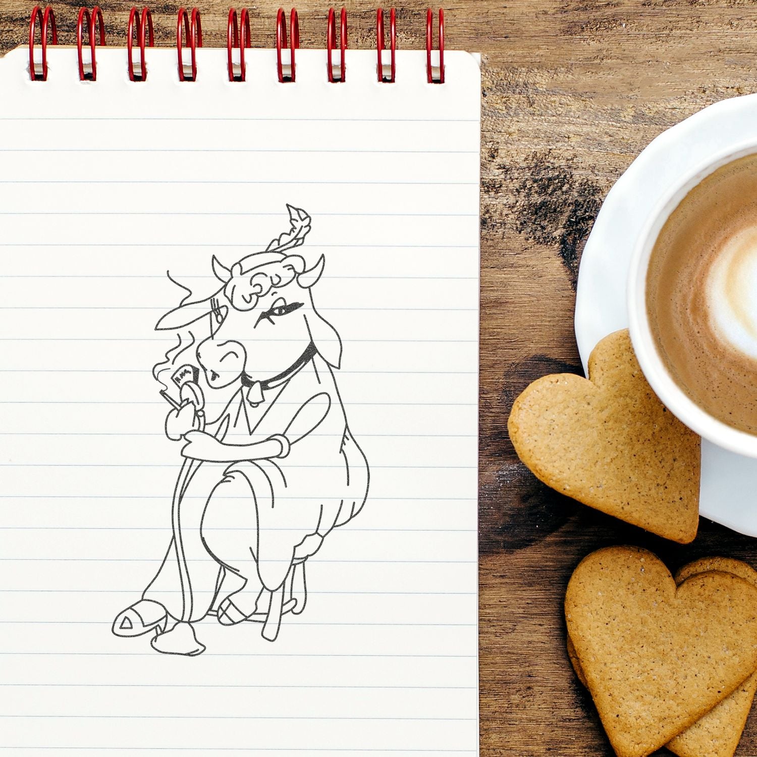 Notebook sketch of a cute cow beside coffee and heart-shaped cookies on a rustic wooden table.