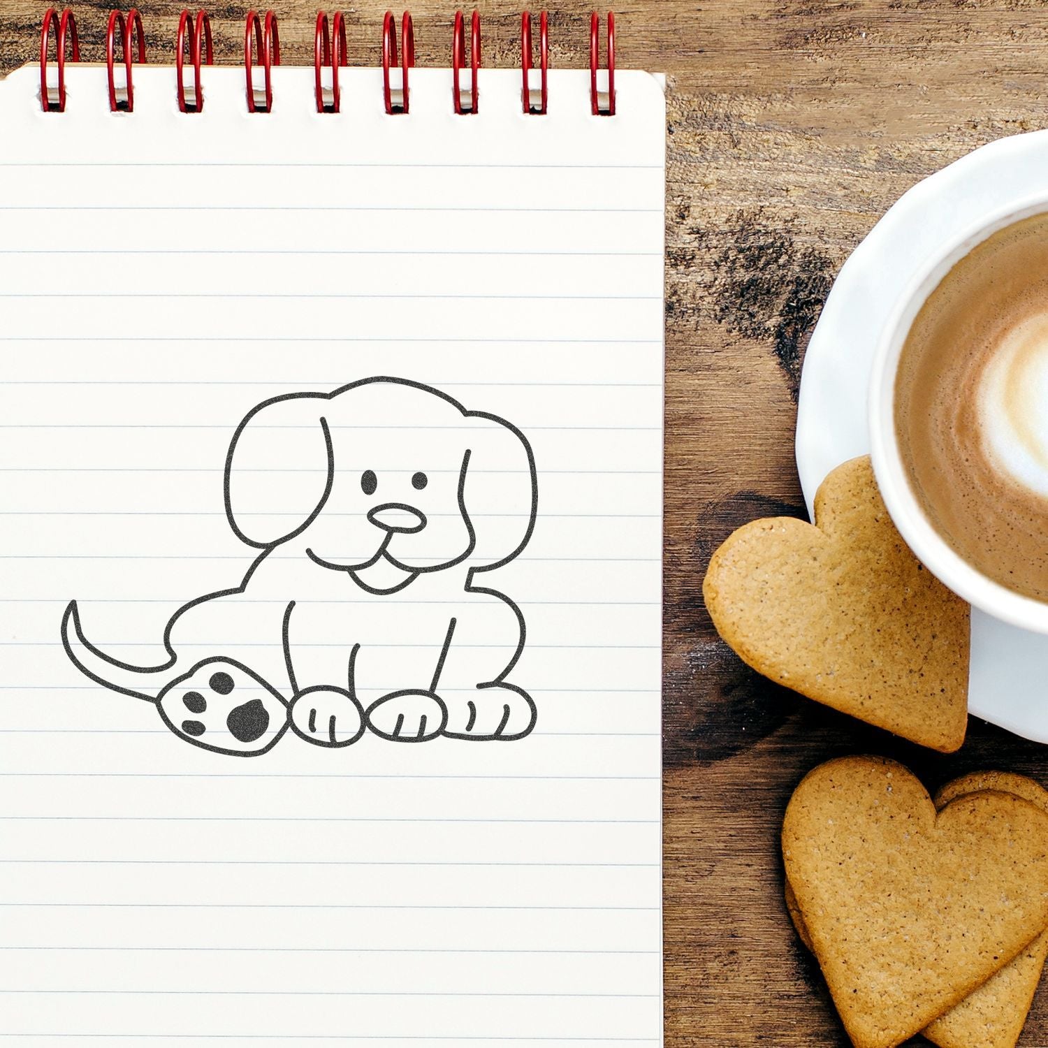 Notebook with cute puppy doodle, coffee cup, and heart-shaped cookies on a rustic wooden table.