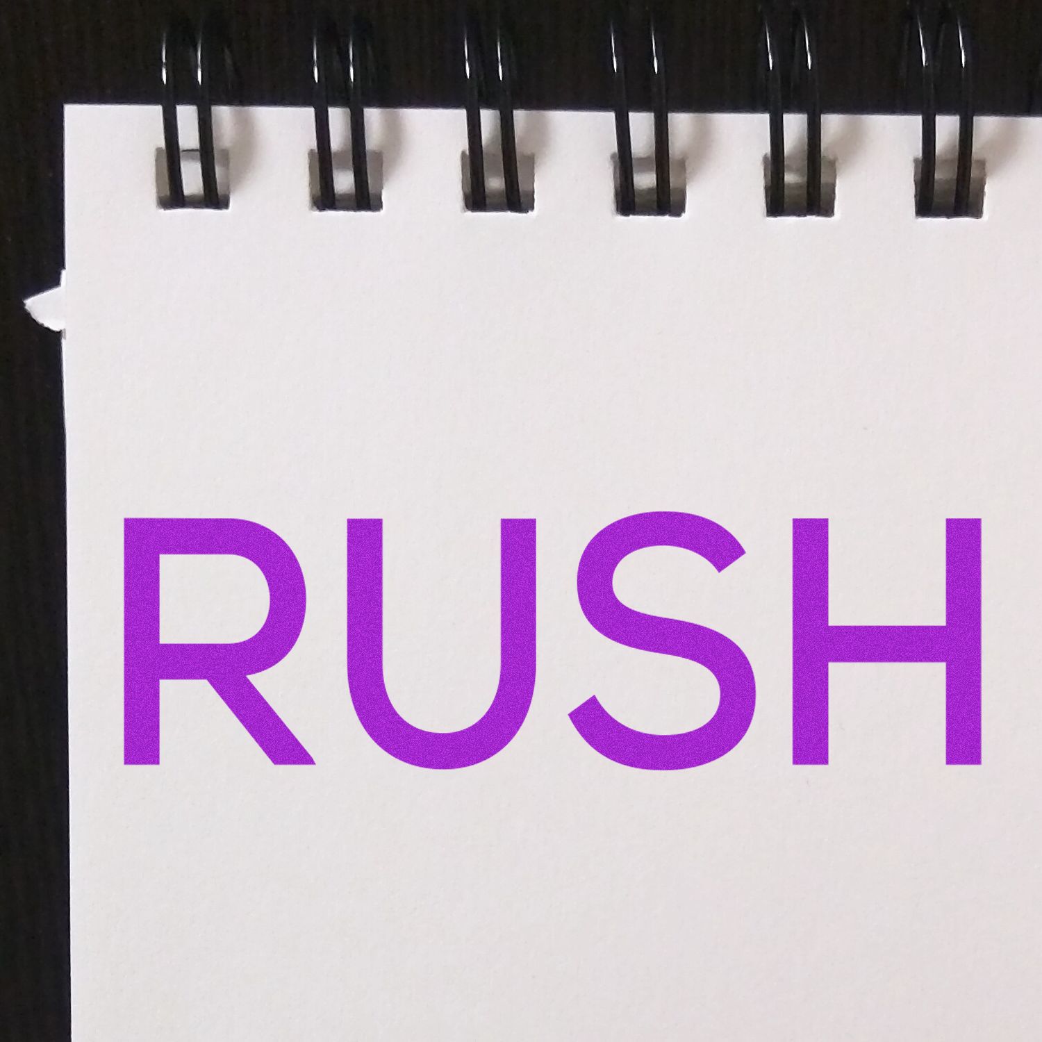 Purple RUSH text on a white spiral notebook page, minimal modern typography design.