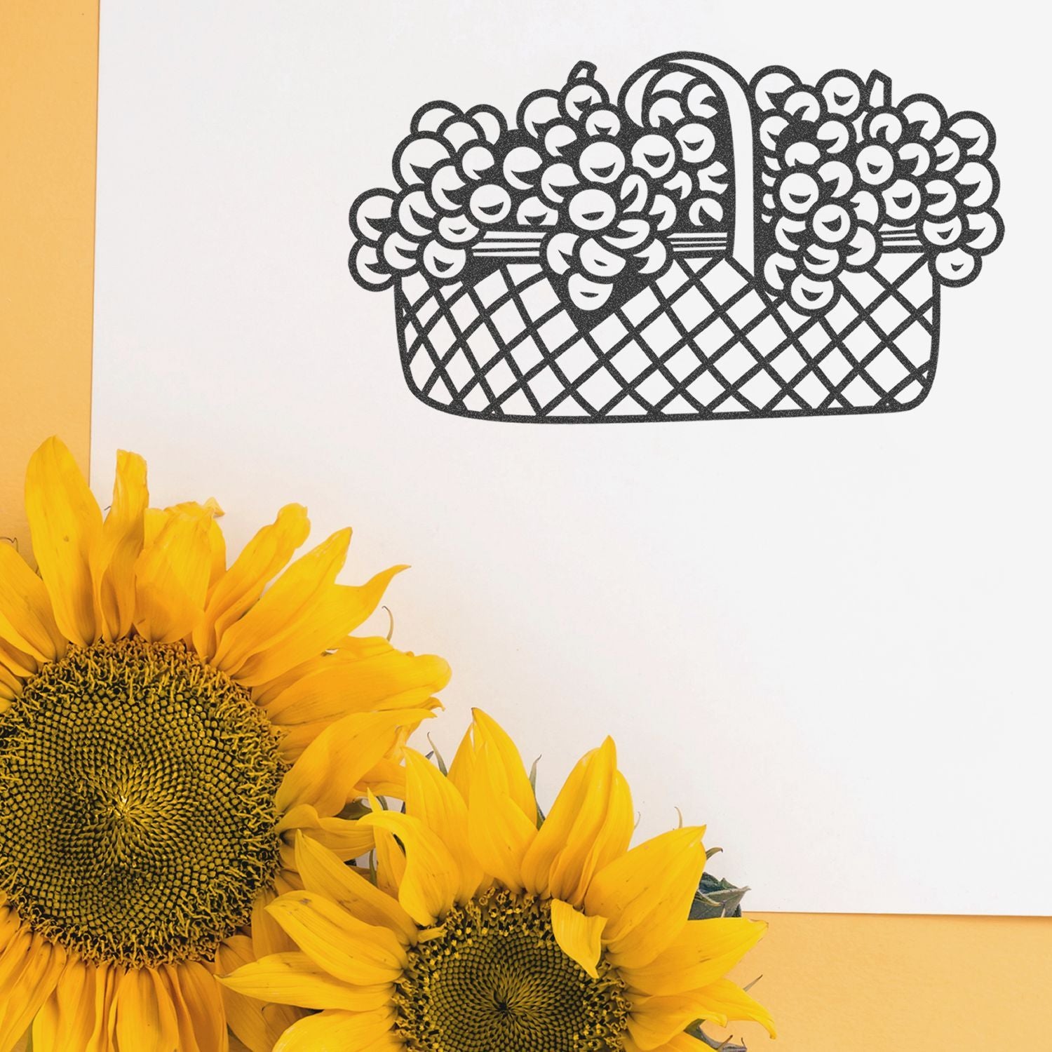 Decorative sunflower basket illustration with bright yellow sunflowers on a white background, floral spring design.