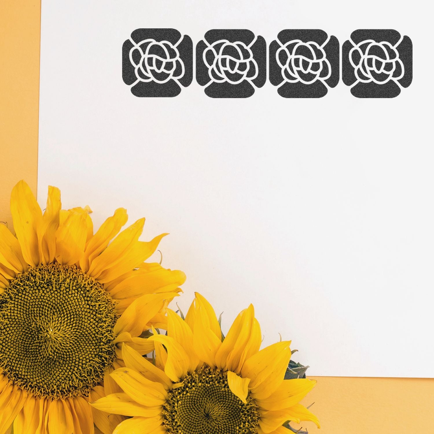 Sunflowers with four black floral logo icons on a white background