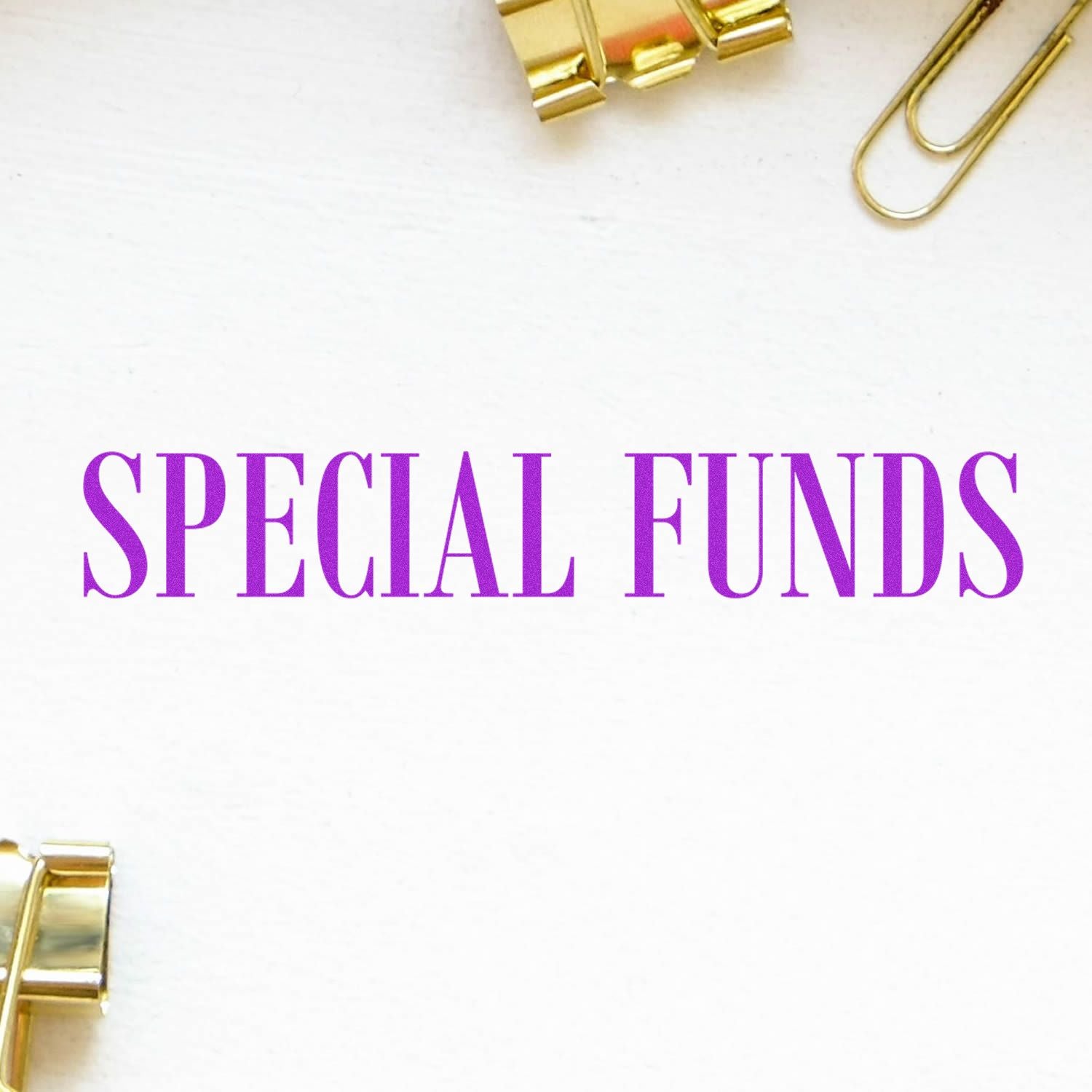 Purple Special Funds text on a white background with gold binder clips, ideal for finance, budgeting, and investment planning content.