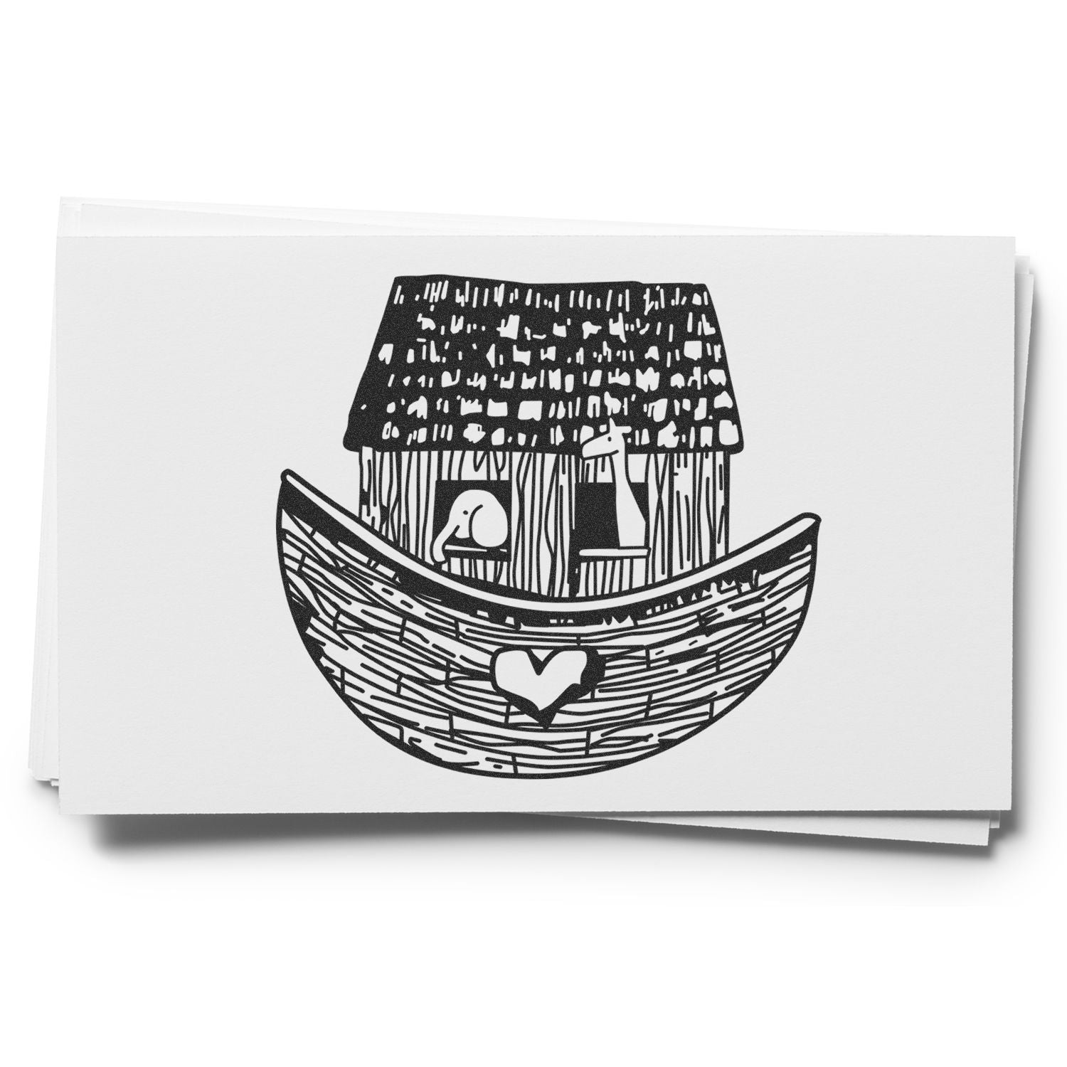 Black and white Noahs Ark illustration with a heart symbol on the bow and a small animal peeking from the window.