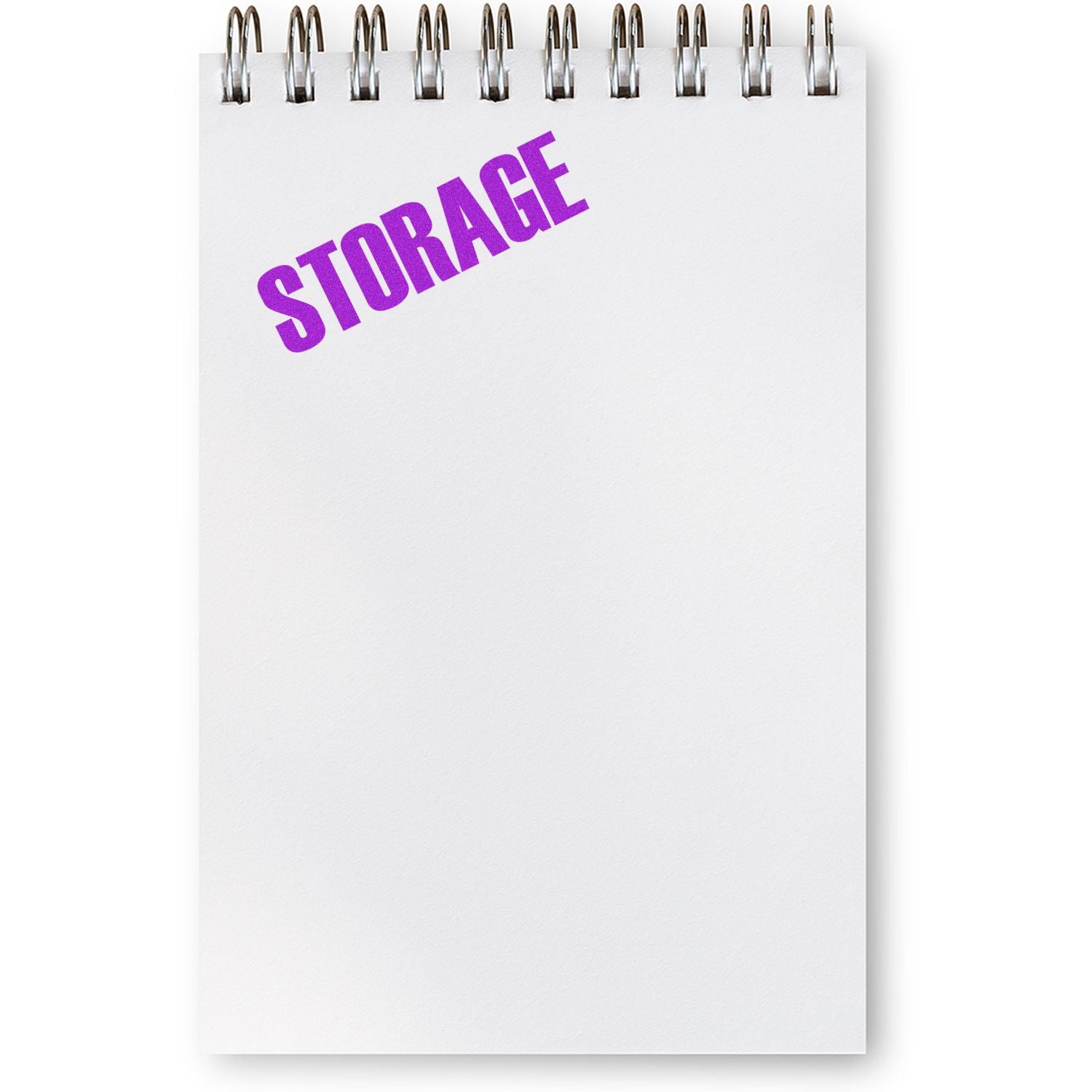 Blank spiral notebook with purple STORAGE text on cover