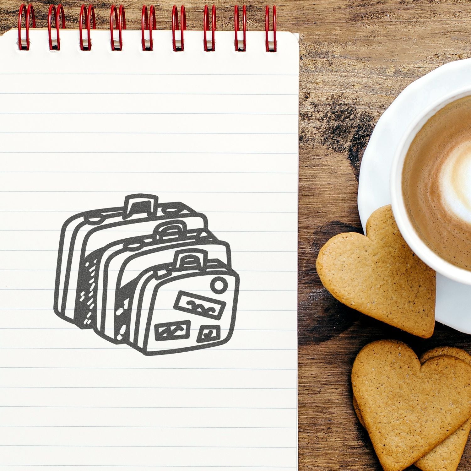 Notebook with travel suitcase icon, coffee cup, and heart-shaped cookies on a wooden desk