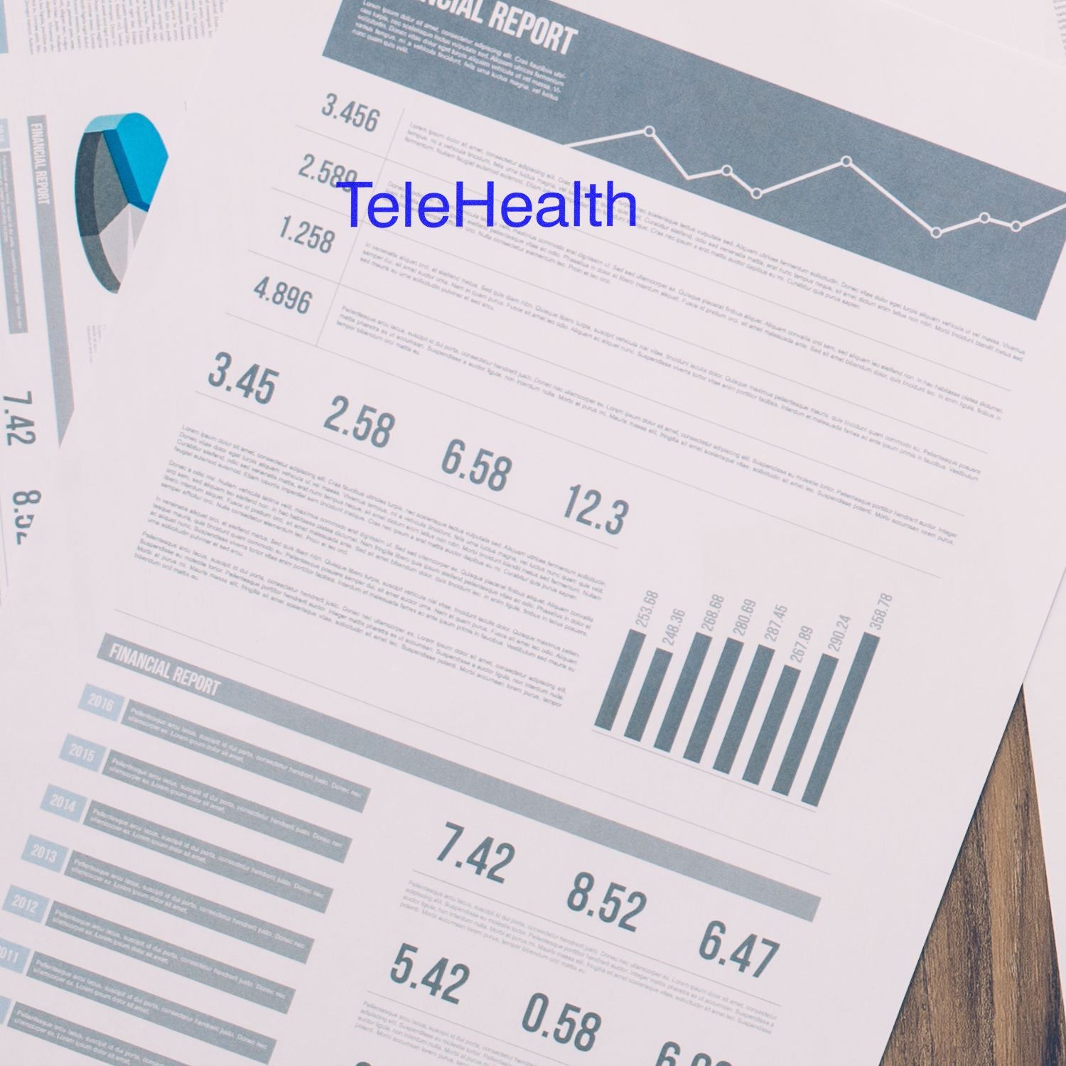 Telehealth infographic on health data dashboard with charts and trends, highlighting telemedicine performance and analytics report.