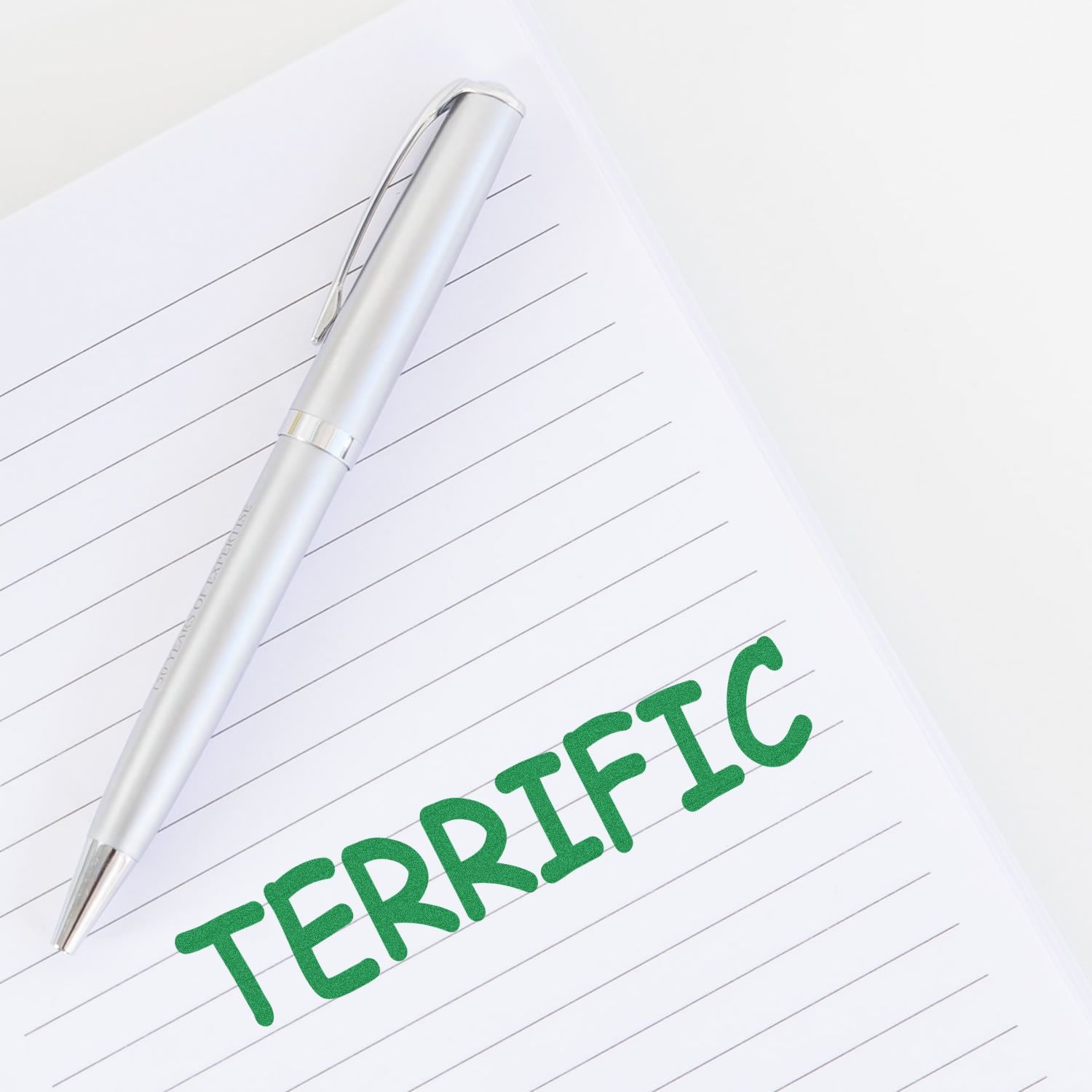 Silver pen on lined paper with Terrific in green text, symbolizing positive feedback and success.
