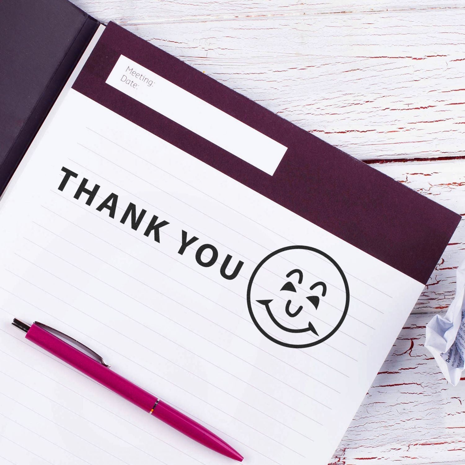 Thank you note with meeting date field and pen on white desk, business communication and follow-up reminder