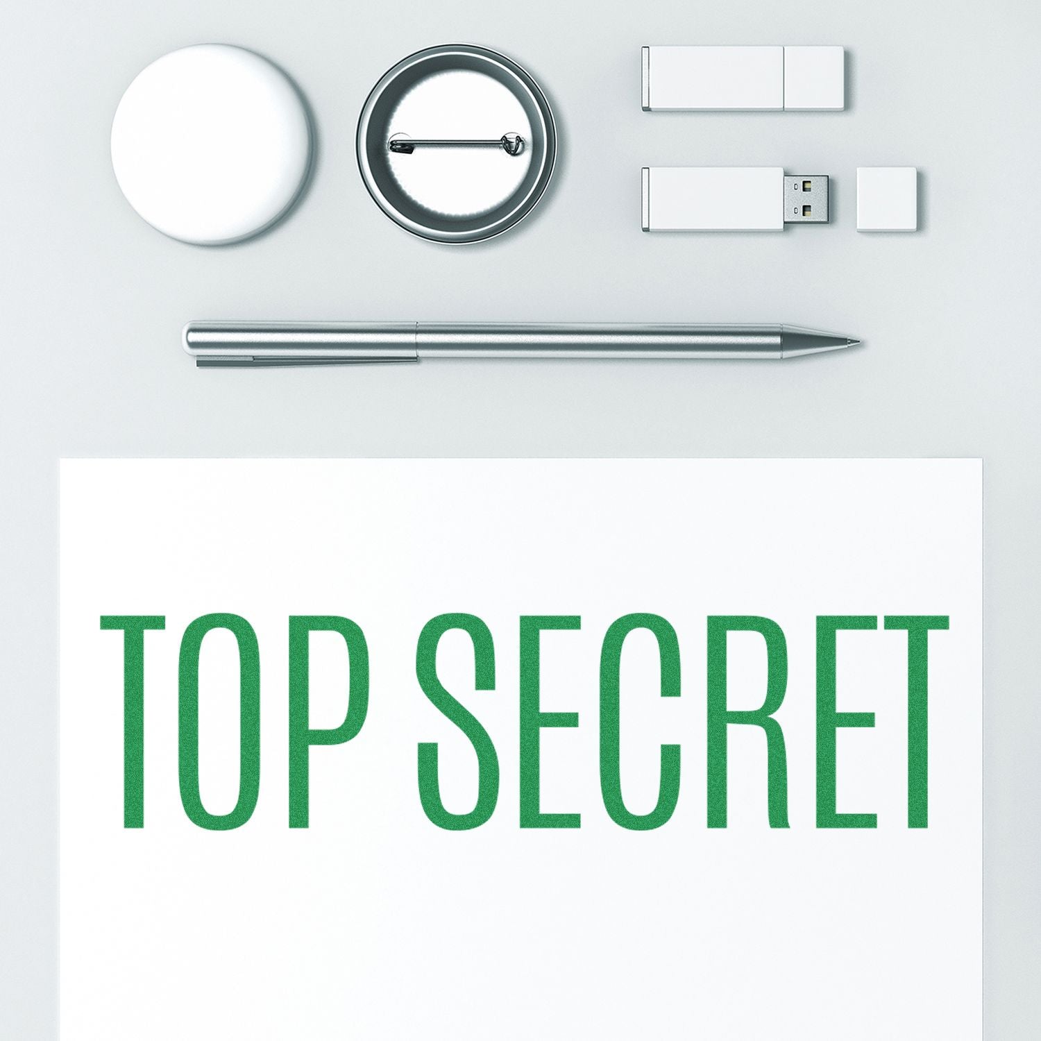 Top secret document with pen, USB drive, and office supplies on a white background