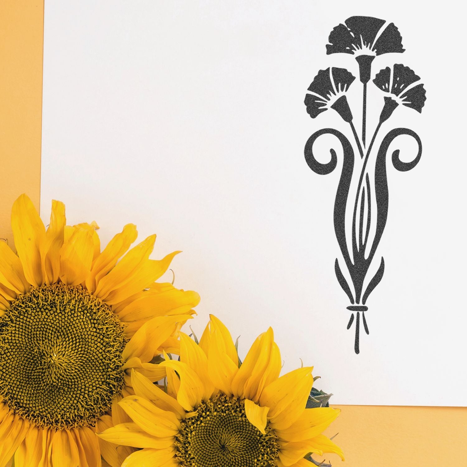 Bright yellow sunflowers with a black floral graphic on a white background, decorative botanical art.
