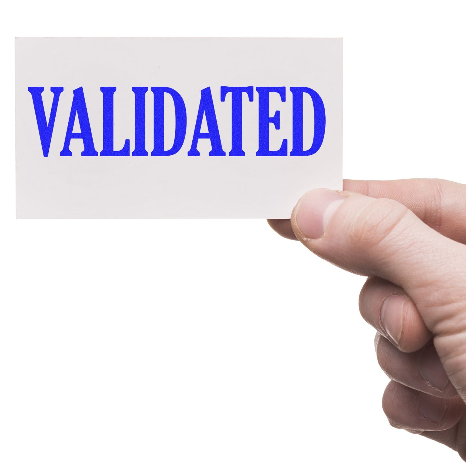 Hand holding a white card with bold blue VALIDATED text on a clean white background.