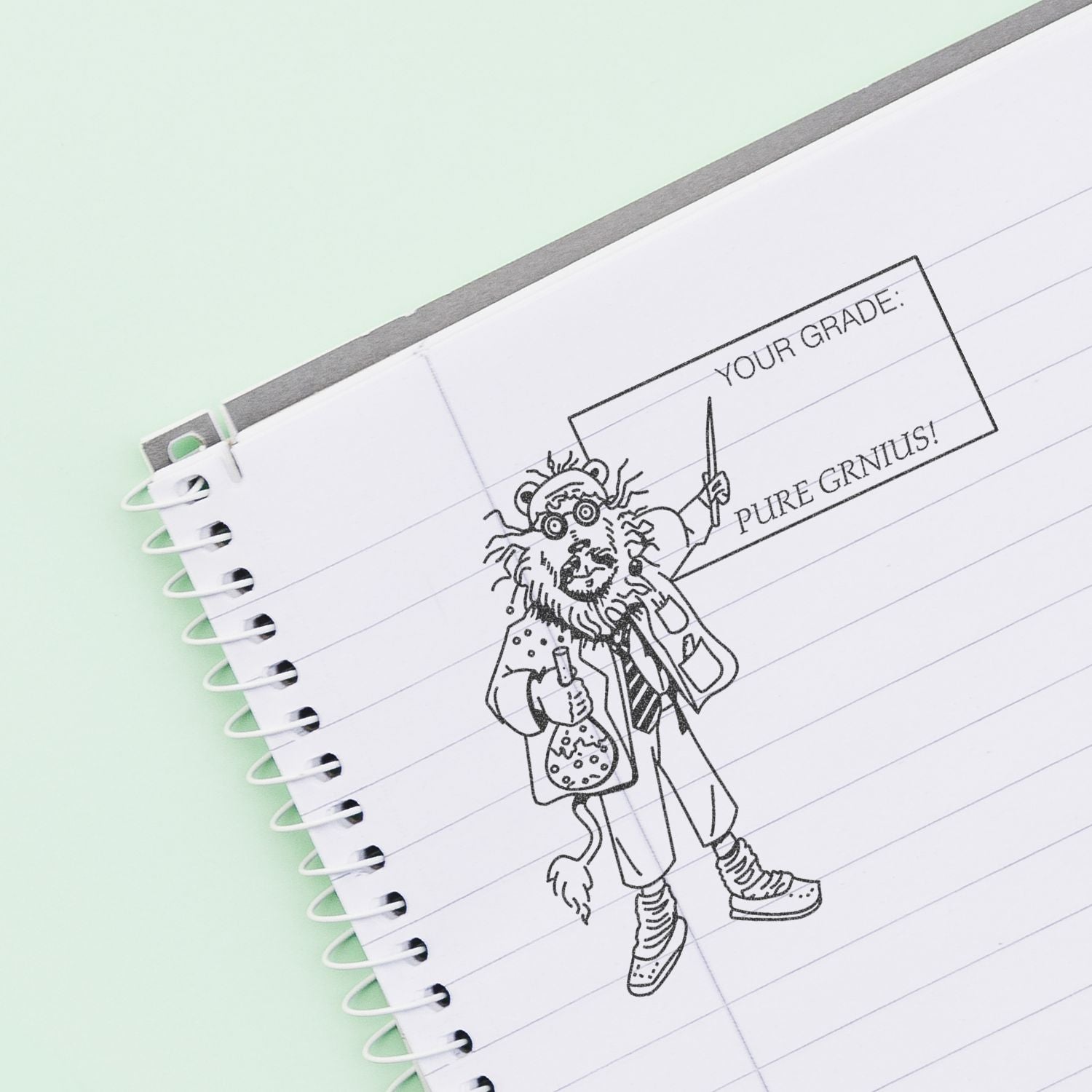 Spiral notebook with funny Your Grade: Pure Genius! lion teacher doodle on pastel background
