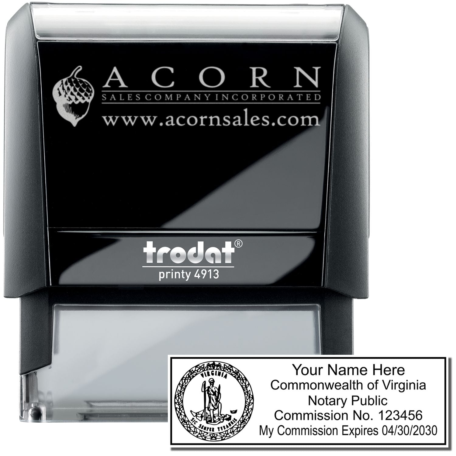 Custom Virginia notary public self-inking stamp by Trodat Printy 4913 with personalized commission details and seal sample.