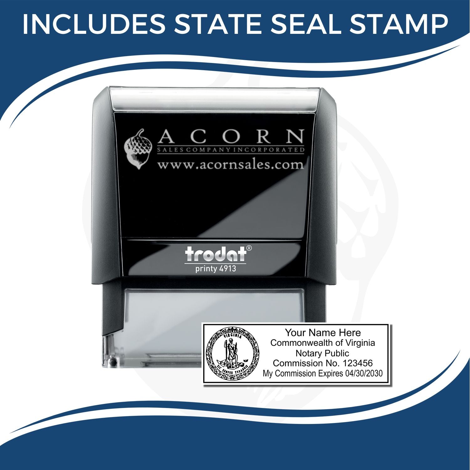 Virginia notary public state seal stamp with Trodat Printy 4913 self-inking stamp and custom commission plate.