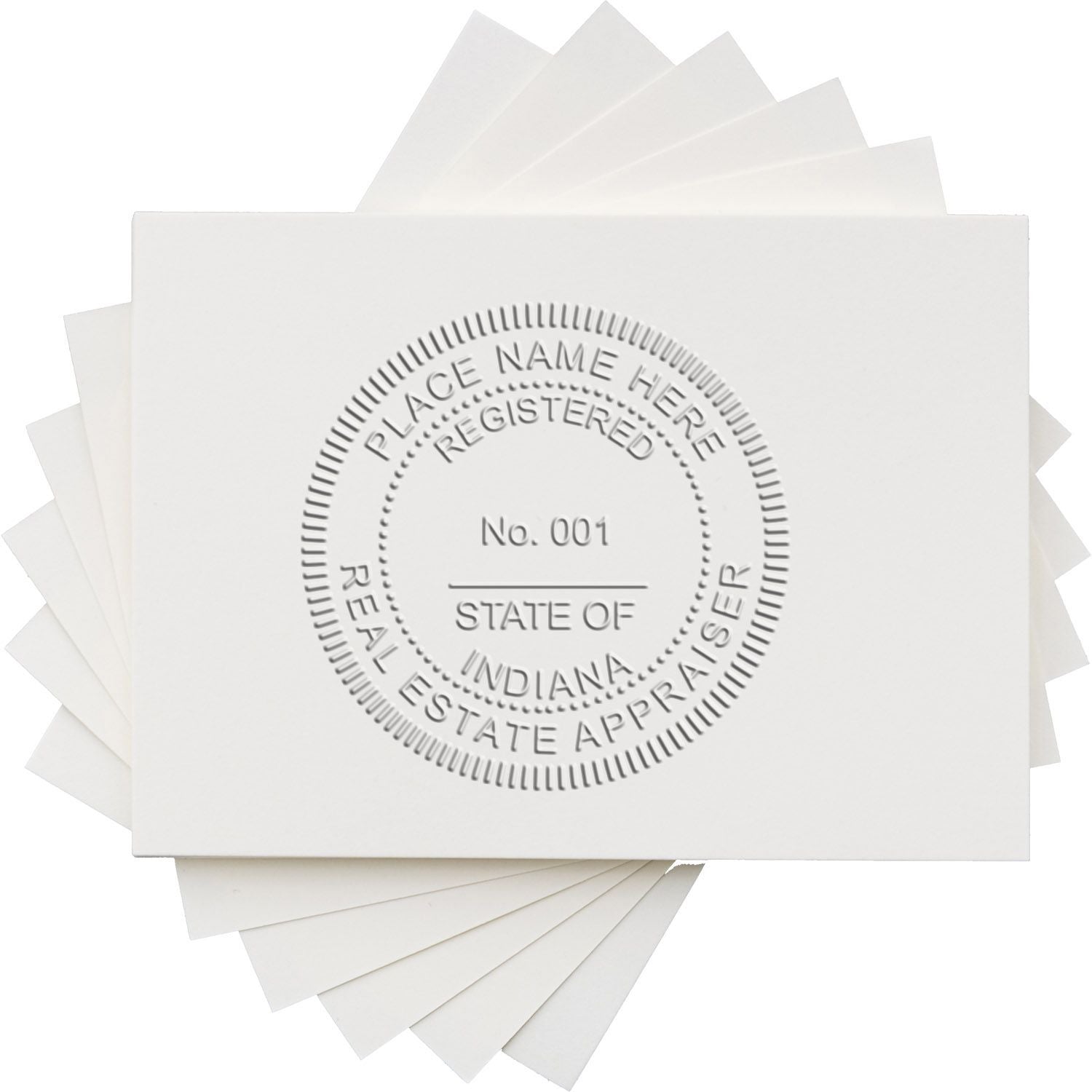 Embossed Indiana real estate appraiser seal on white certificate paper stack, professional appraisal document template.