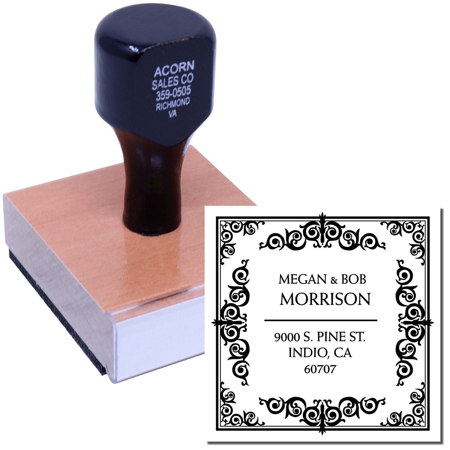 Custom address rubber stamp with ornate border, ideal for wedding invitations, envelopes, and return mailing.