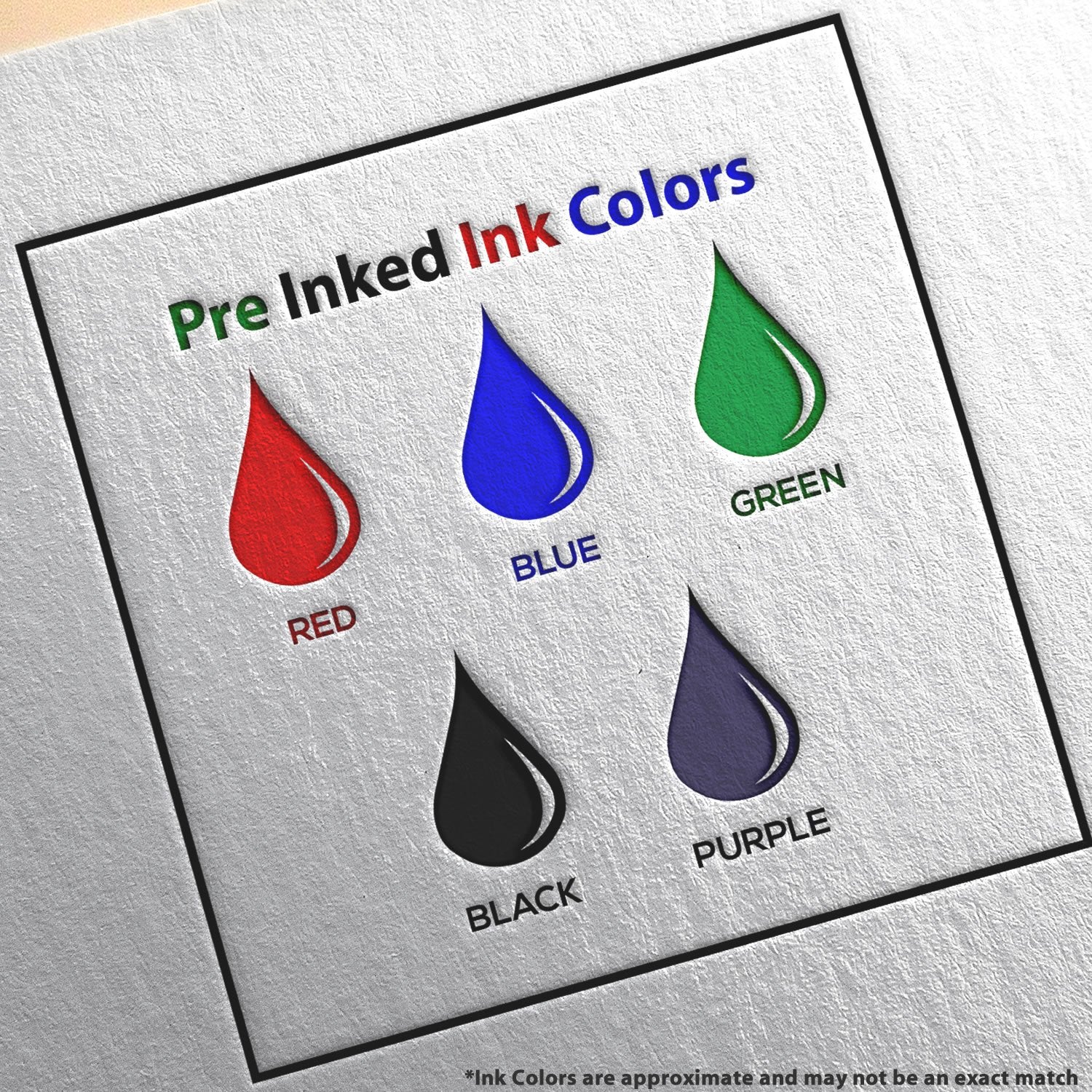 Pre ink colors chart with droplet icons for approximate printer ink shades, a quick reference: red, blue, green, purple, and black.