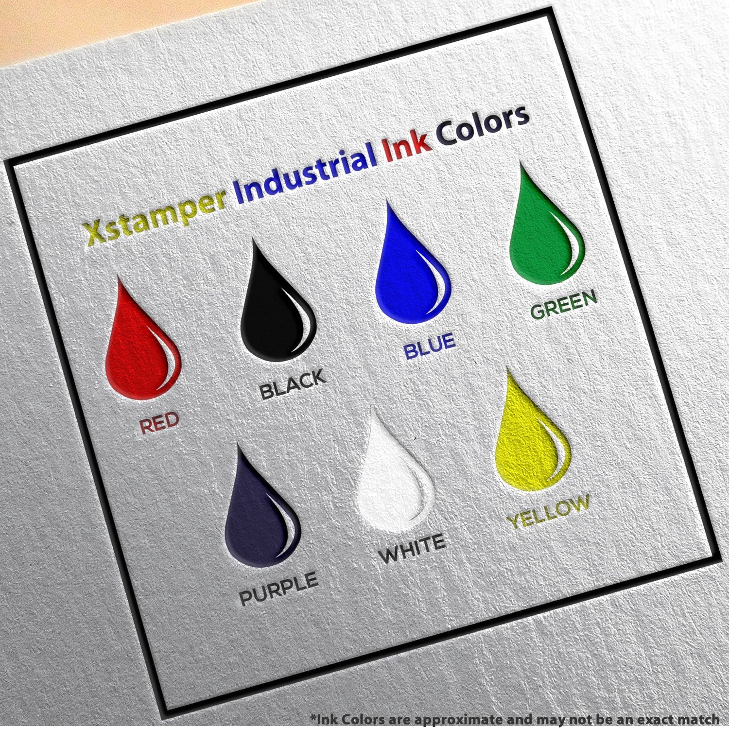 Industrial ink color chart showing red, black, blue, green, yellow, white, and purple ink drops for color selection.