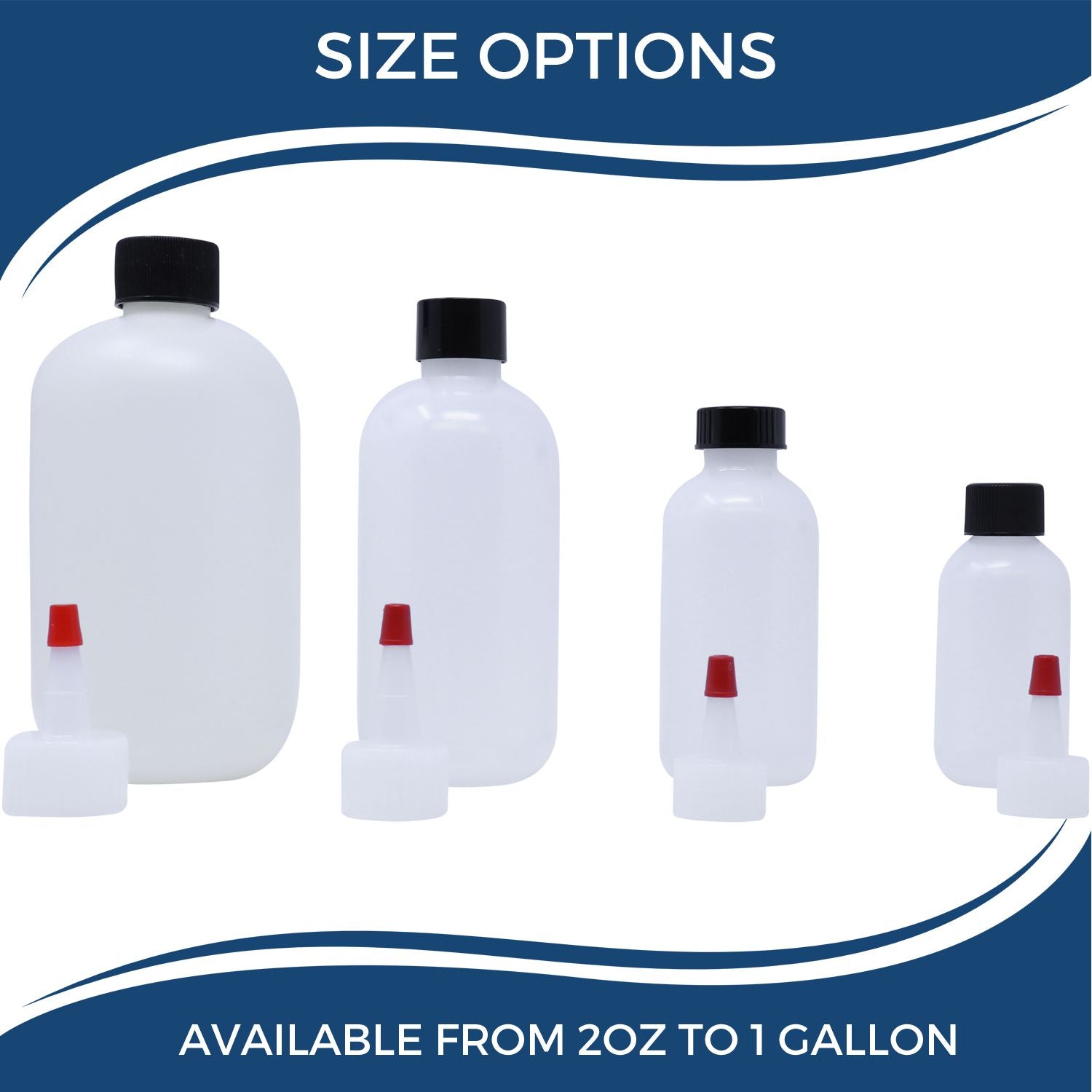 Plastic bottle size options, showing empty white bottles with black caps in multiple sizes from 2oz to 1 gallon.