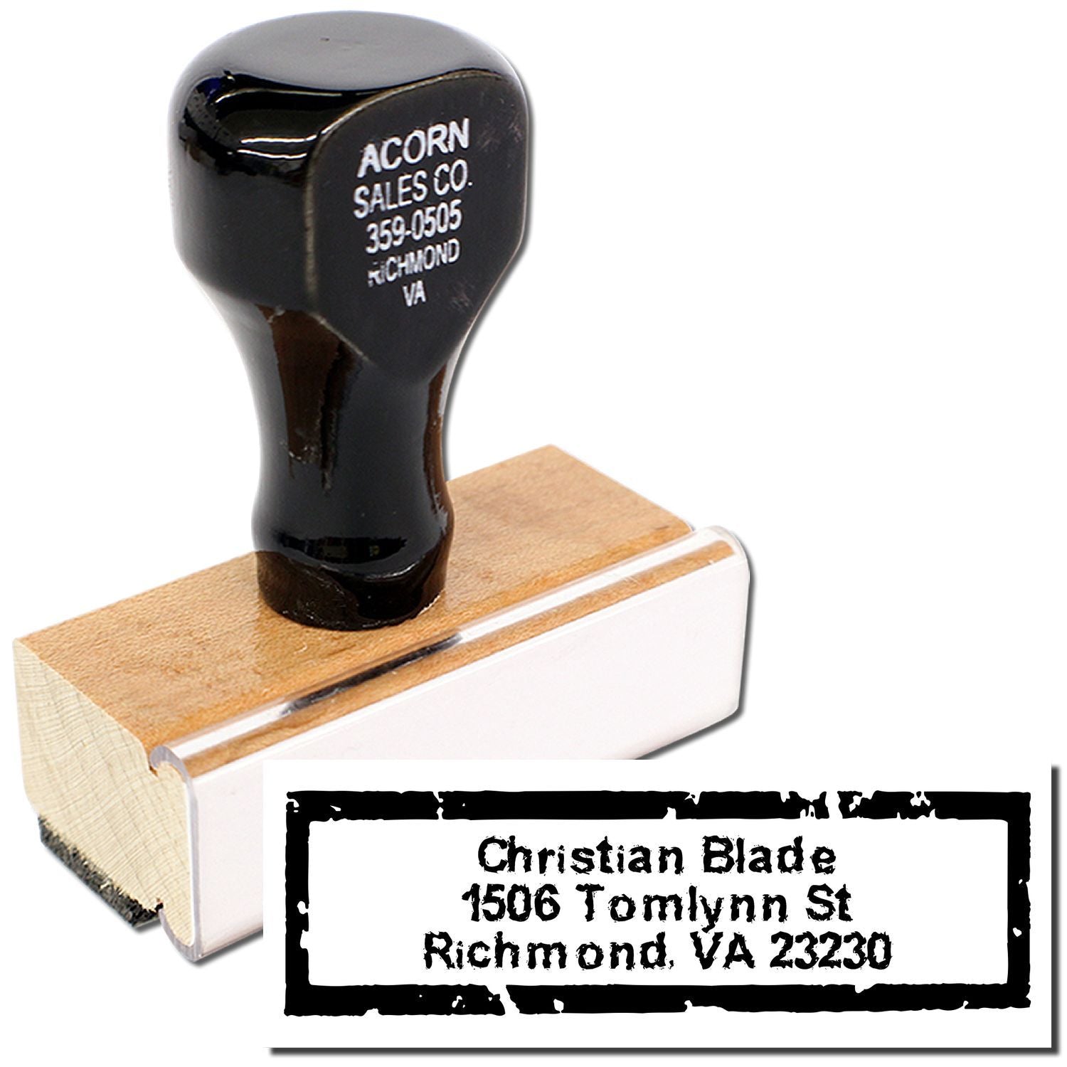 Custom address rubber stamp with wooden handle and sample imprint for Christian Blade, Richmond, VA 23230.