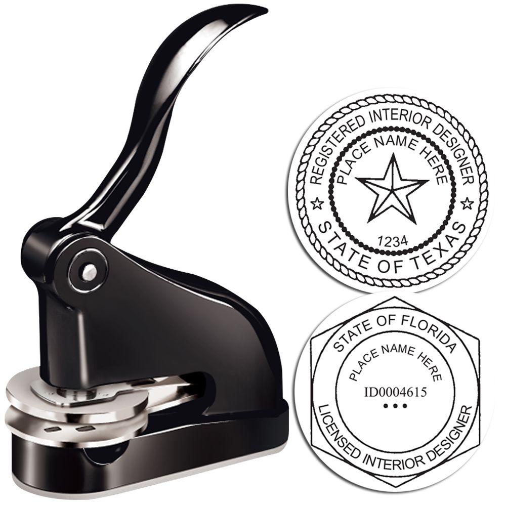 Black embossing seal press for licensed interior designers, showing Texas and Florida interior designer stamp examples.